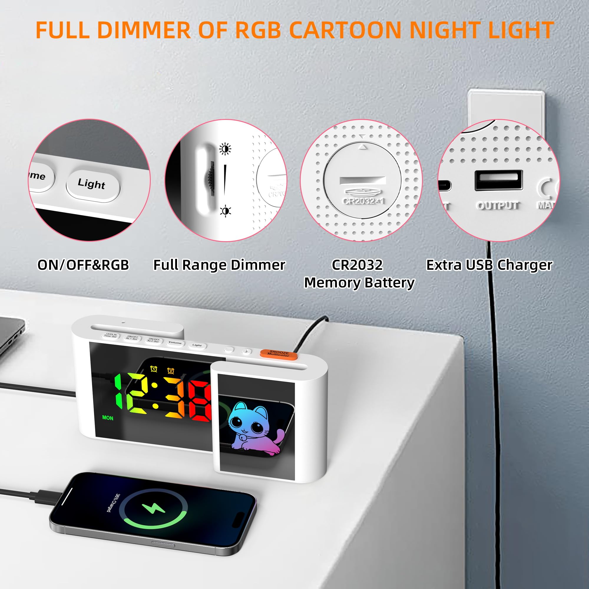 Sveglia RGB per Bambini - Schermo RGB con Luce Notturna a Disegno Animato - Doppia Allarme - Funzione Snooze - Regolatore di Volume - Visualizzazione della Settimana - Gatto Bianco