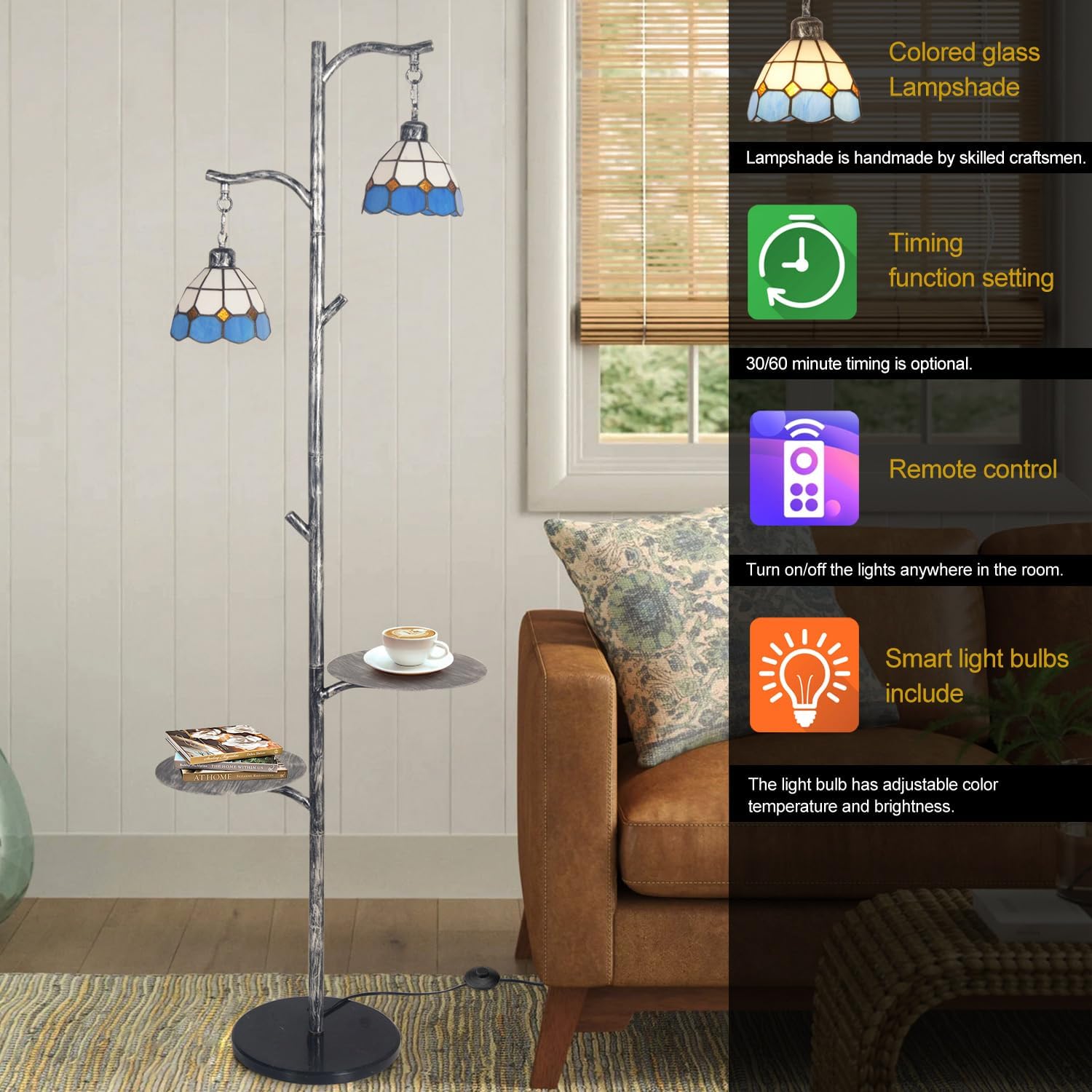 beaysyty Tiffany Style Stained Glass Retro Floor Lamp with Tray, Dimmable Floor Lamps, Custom Color Temperature Standing Lamp for Living Room and Bedroom, Painted Silver Gray