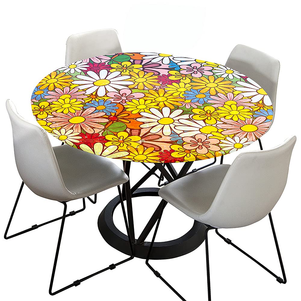 Chickwin Round Fitted Tablecloth Waterproof Dust-Proof Wipe Clean Daisy Printed Table Cover Elastic Edged, Table Protector for Kitchen Patio Dining Room (Colorful daisies,150cm)