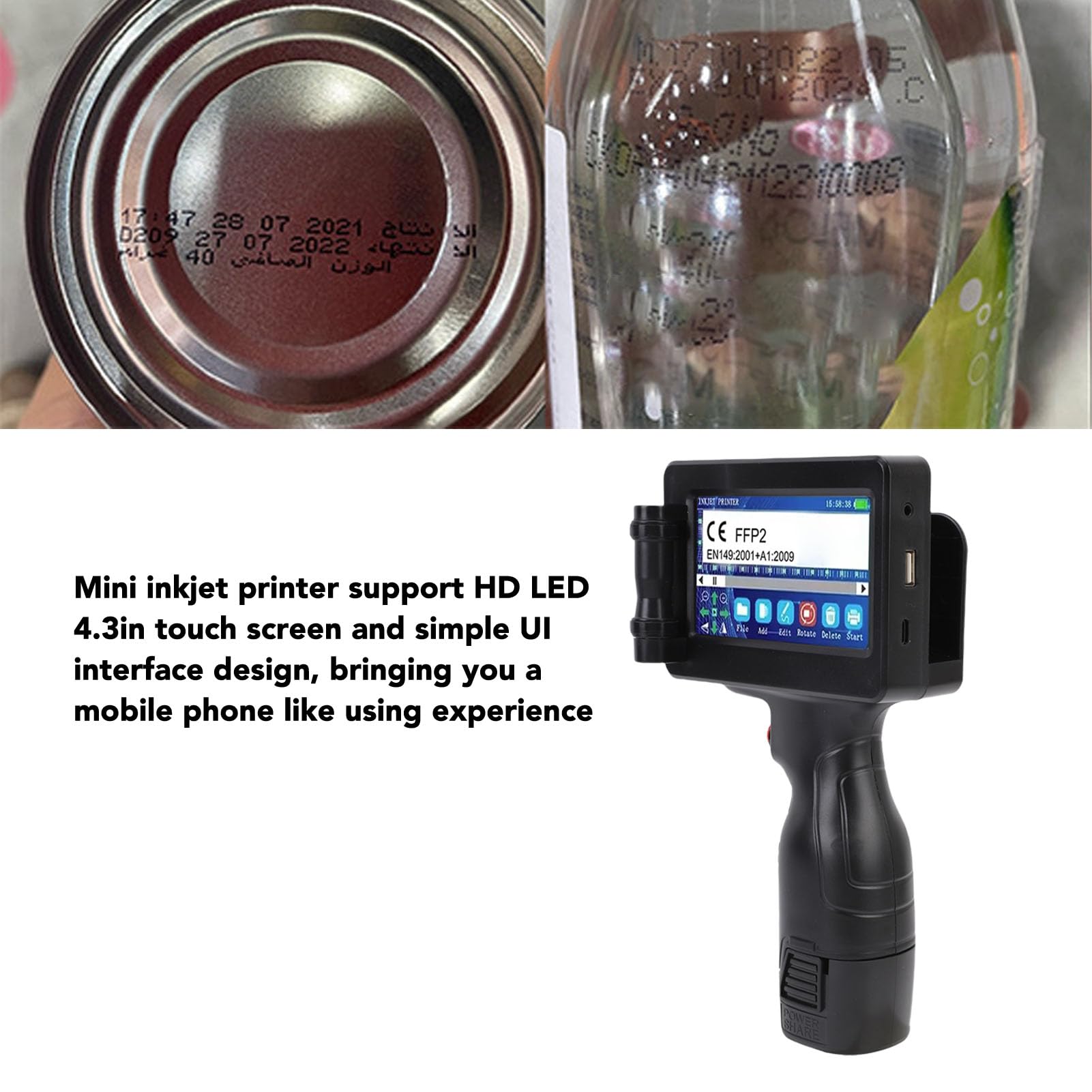 Fafeicy Handheld Inkjet Drukarka Pistolet Mały Mini Portable z LED HD 4.3in Ekran Dotykowy Bez Wkładu 12,7 Mm dla Kodu Kodu QR (wtyczka UE)
