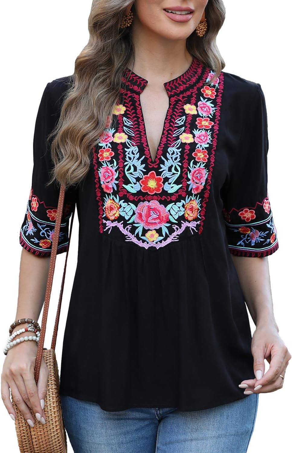 AK Women's Summer V Neck Boho Embroidered Mexican Shirts Short Sleeve Casual Tops Blouse