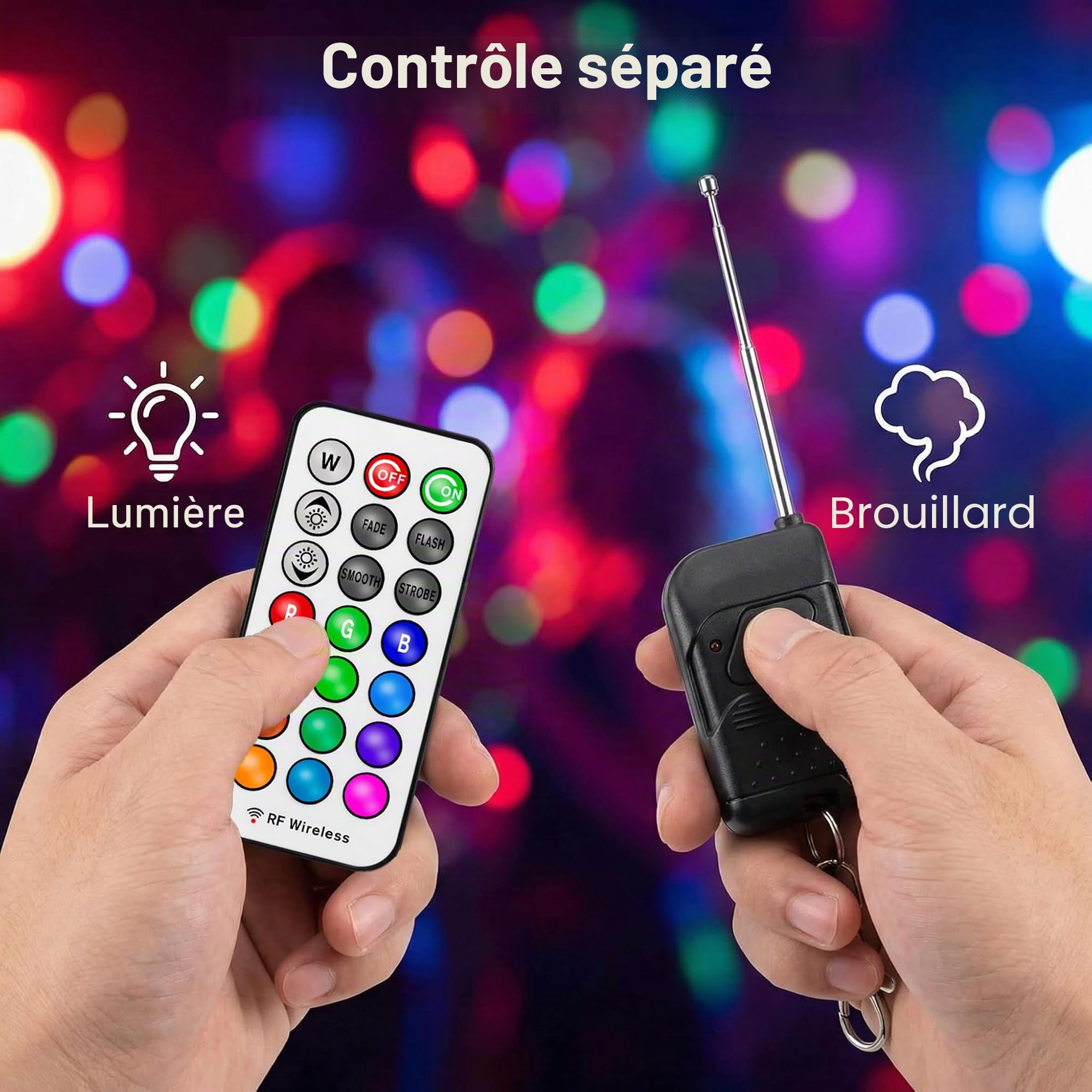 Machine à Fumée 500W avec 8 LED RGB, Mini Fog Machine avec Pédale de Commande 3m & 2 Télécommandes, Automatique pour Halloween, Soirée, DJ, Scène & Mariage