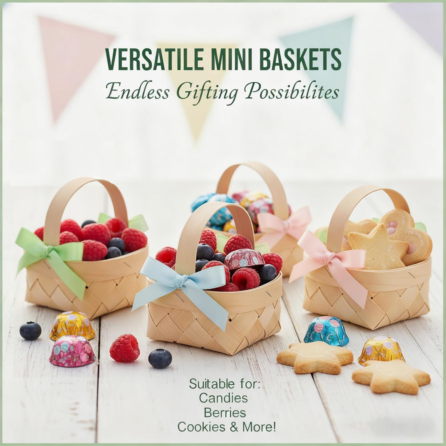 16 Pcs Mini Woven Baskets with Handles Mini Picnic Baskets Party Favor Smal Picnic Chip Bucket with Light Blue, Green, Pink Ribbon for Wedding Party Gifts Birthday Decoration