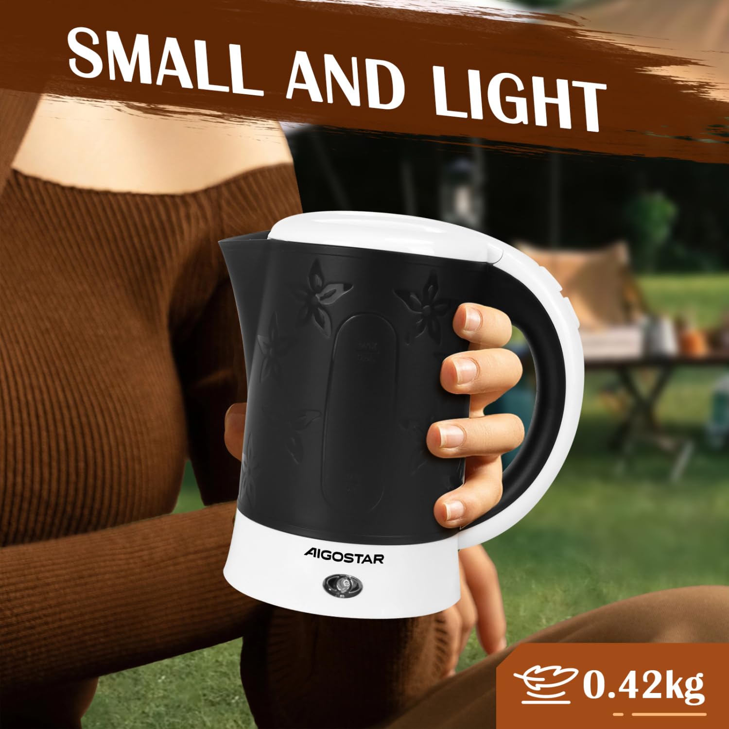 Aigostar Hervidor de Agua Eléctrico Compacto de Viaje 0,6 Litros | Boiler pequeño de 650W con apagado automático, filtro antical, incluye 2 tazas y cucharas de regalo, libre de BPA Negro
