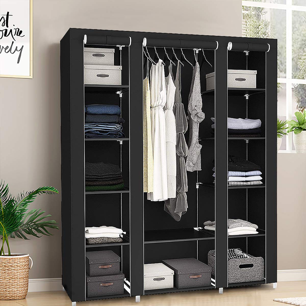 Hohe Qualität Tragbare Kleiderschrank Große Stoff Kleiderschrank Lager Organizer for Kleidung, Taschen, Spielzeug, Schuhe, Wohnzimmer, Schlafzimmer, Schwarz (Color : Schwarz)