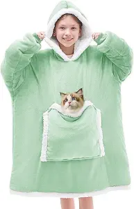 JOYWOO Green Kids Wearable Blanket Hoodie,Oversized Cat lovers Hoodie Blanket for kids & Teens,Birthday Gifts for Girl Boys,Warm Cozy Fuzzy Sherpa Fleece Blanket Giant Pocket Winter Gifts,Sage green