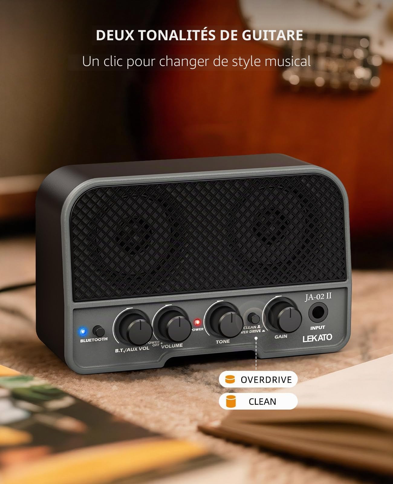 LEKATO Mini amplificateur de guitare électrique portable 2 x 5 W alimenté par piles avec effets Clean/Overdriver, Bluetooth 5.0, petit ampli pour la pratique quotidienne et les fêtes musicales (noir)