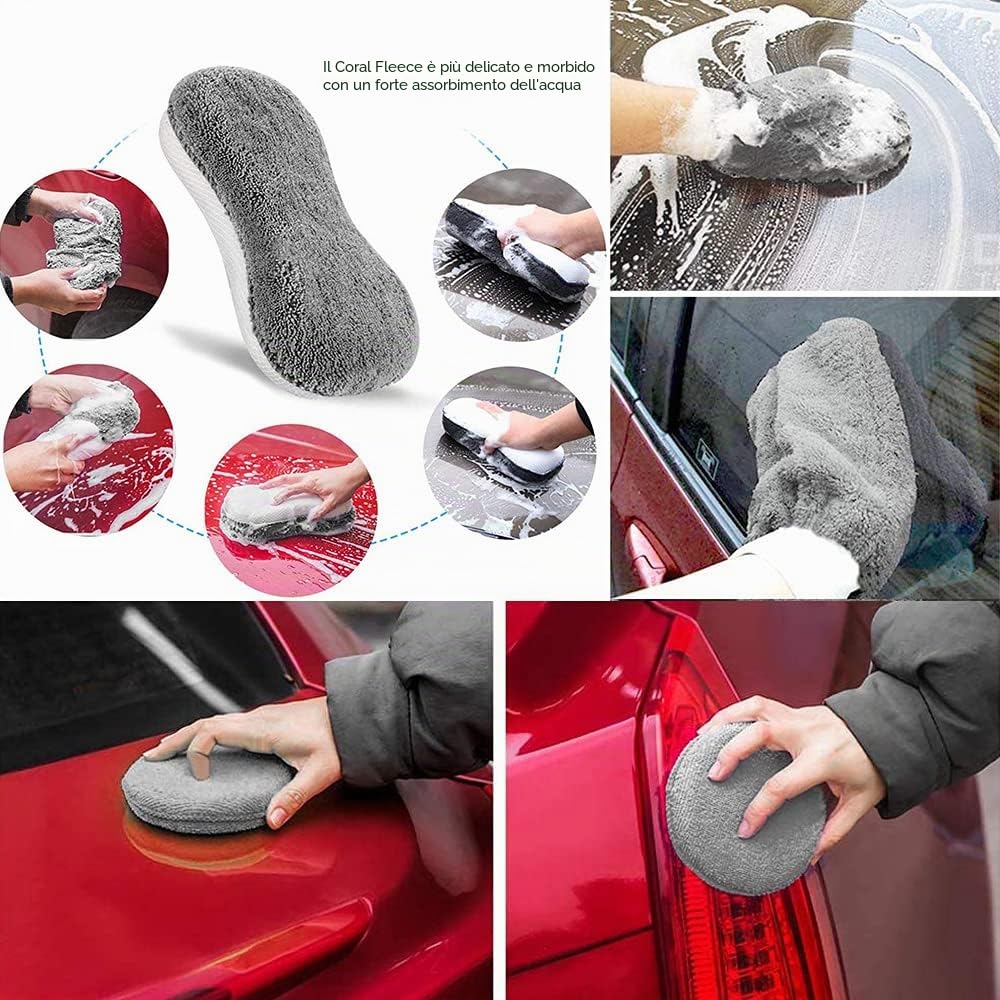 Spugna per Auto, Set di Pulizia, Kit in Microfibra per Lavaggio e Cura dell'Auto,Spazzola di Ruota