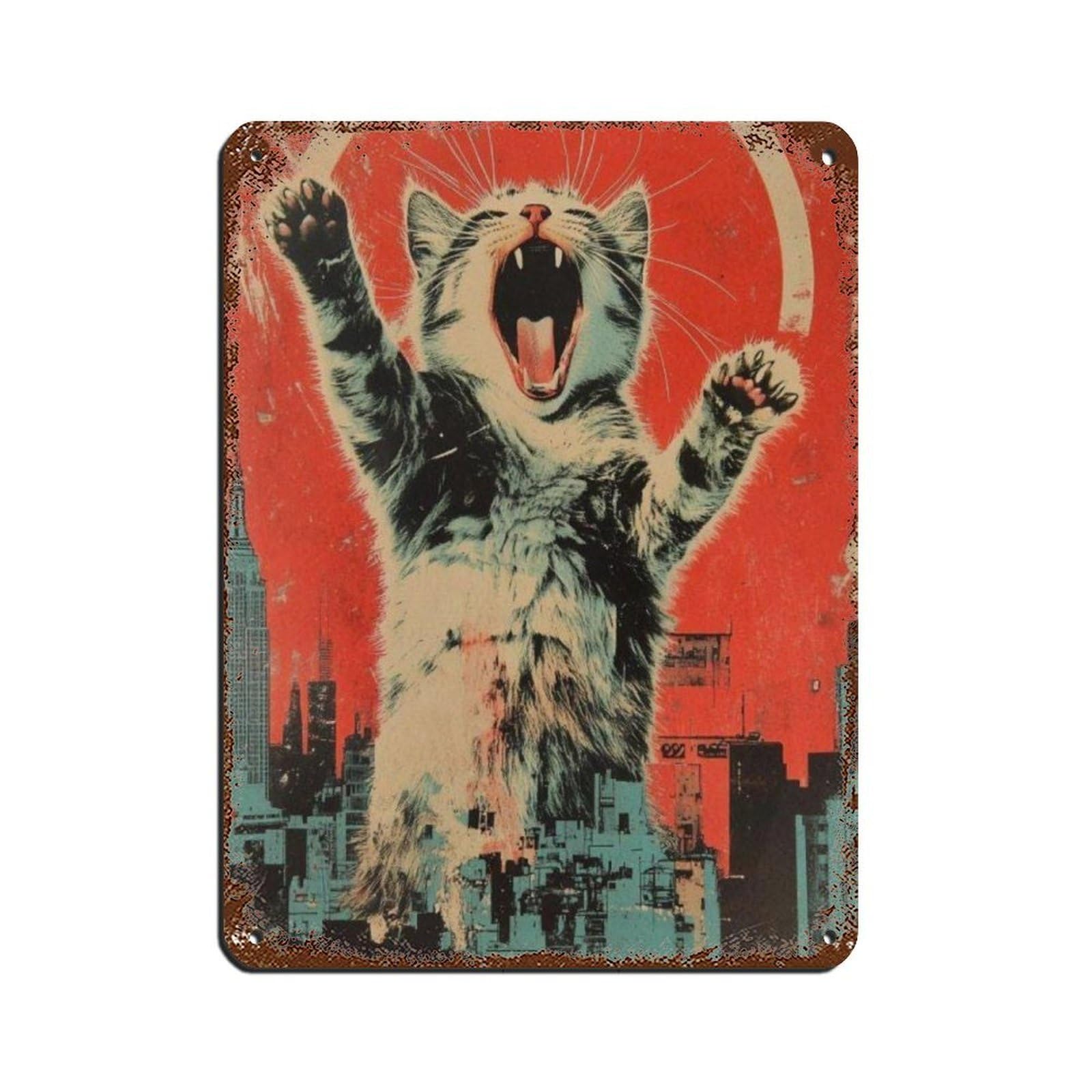 Lxwnze 30L X 40W Cm Retro Catzilla-Art Poster, Retro Poster Metal Tin Sign Chic Art Retro Iron Painting Bar People Cave Cafe Family Garage Poster Wall Decoration 12X16inch(30X40cm)