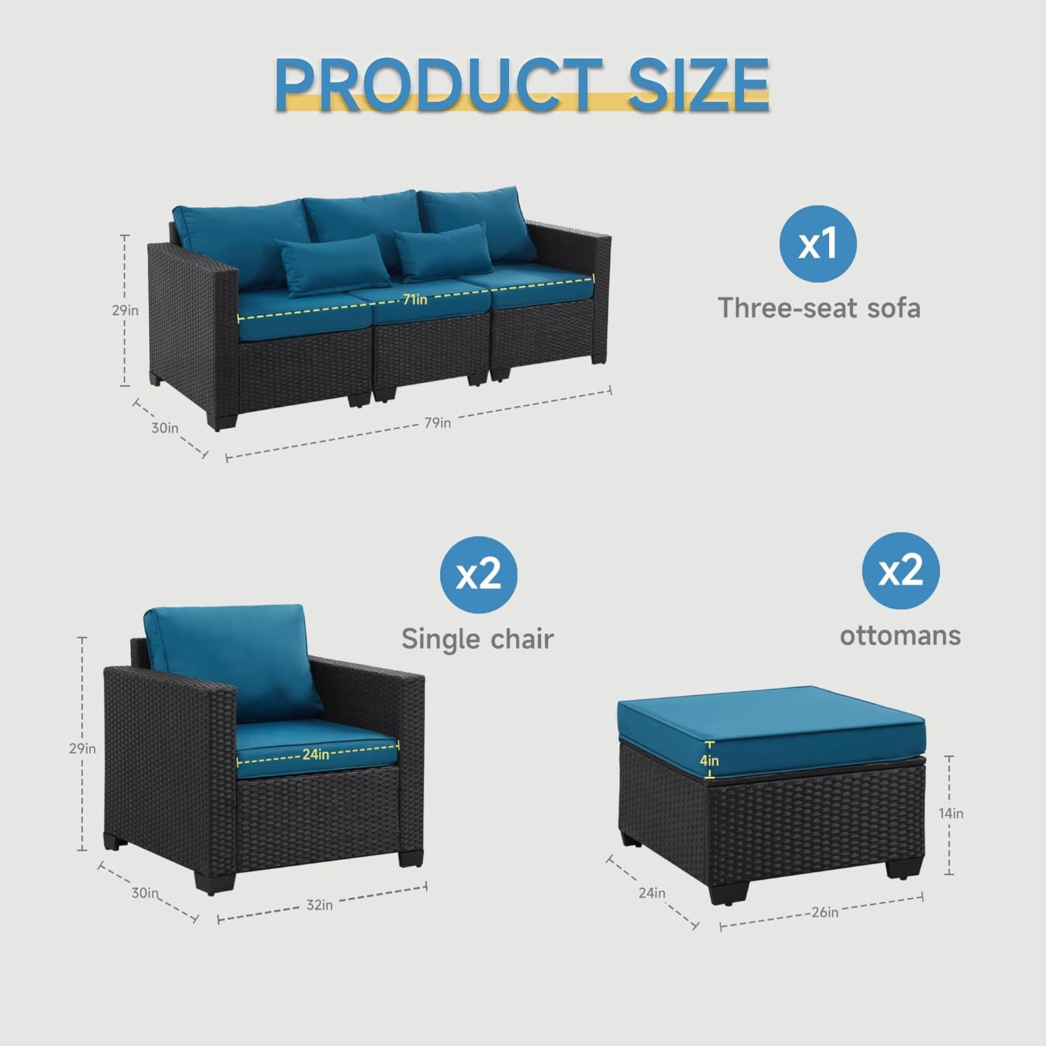 5 Pieces Outdoor Patio Furniture Sets with Furniture Cover, PE Rattan Wicker Patio Conversation Set (Peacock Blue, Sofa)