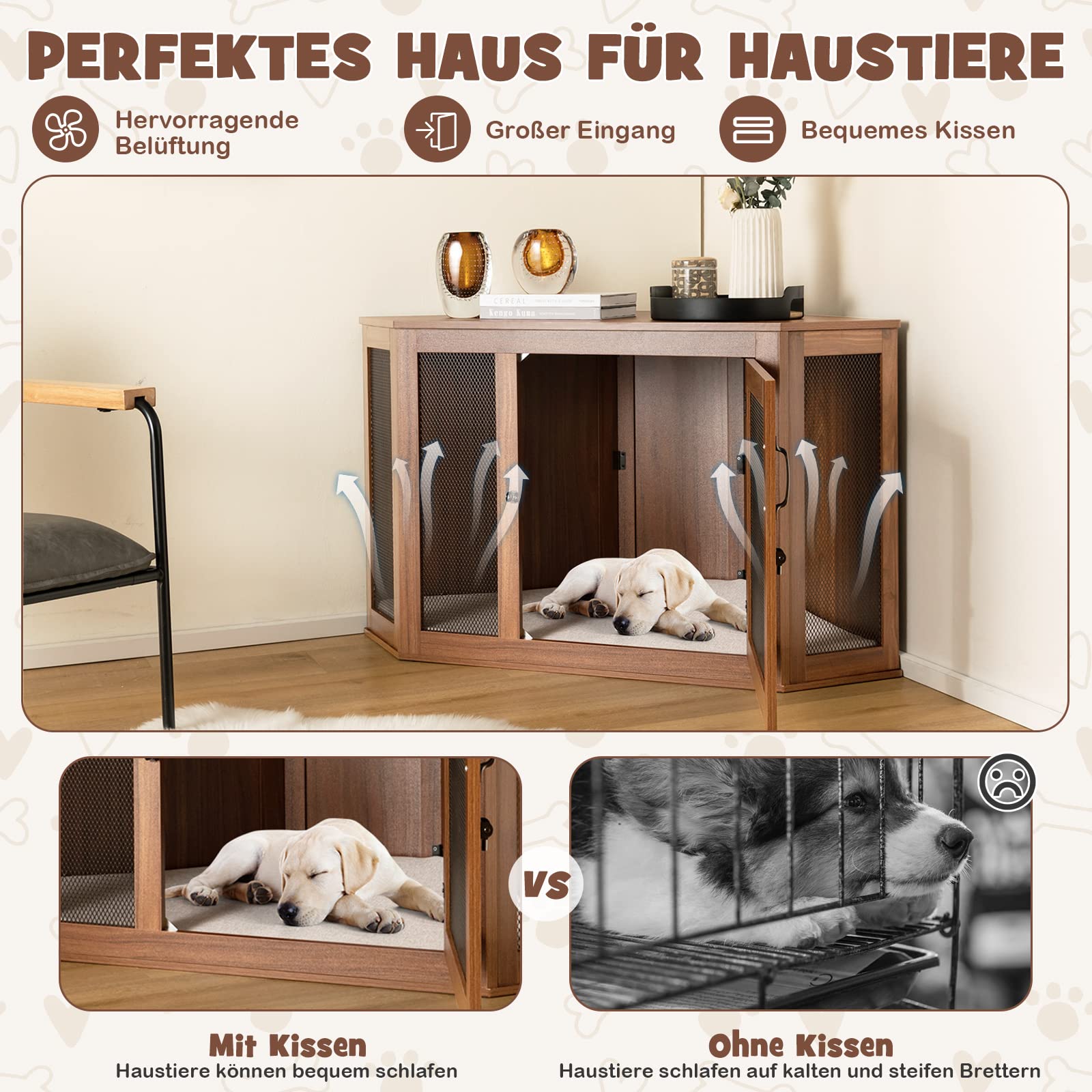 COSTWAY Hundehütte Eck, Hundebox mit Tür & Kissen, Haustierkiste Möbelstil für kleine Hunde Katze Haustier, Tierkäfig Hundekäfig Hundehaus Haustierhaus Zuhause Innen, Braun, 114 x 60 x 68 cm