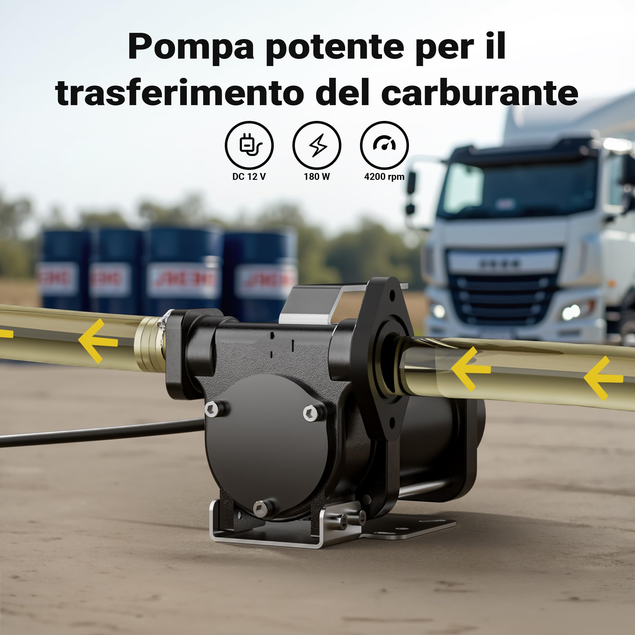 Wiltec Pompa travaso carburante 12 V 180 W, Pompa travaso gasolio/benzina, 40 l/min, 4200 giri/min