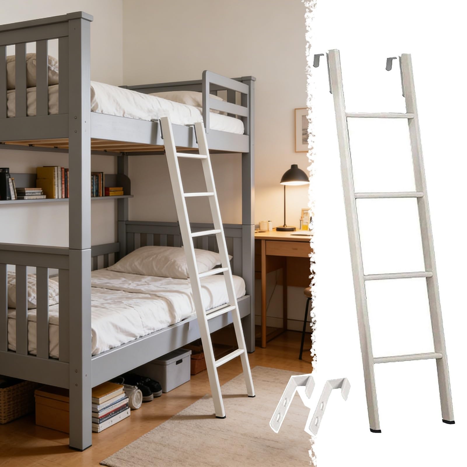 Hochbett Leiter Metall-Etagenbettleiter, Weiß, Ersatzteil, Etagenbettleiter für Zuhause, Studentenwohnheim, Dachboden, Wohnmobil, Breiter Stufe, Rutschfeste, Kurze Stufe Haken(135cm/53")
