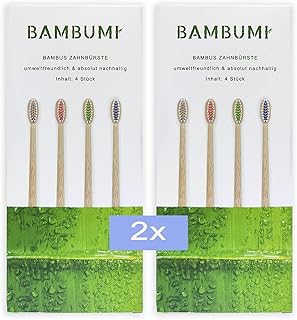 Bambus Zahnbürsten, Umweltfreundliche Holzzahnbürsten - BPA frei, Nachhaltige Produkte, Biologisch abbaubare Handzahnbürsten (8er-Pack rot/grün/blau/bambus)