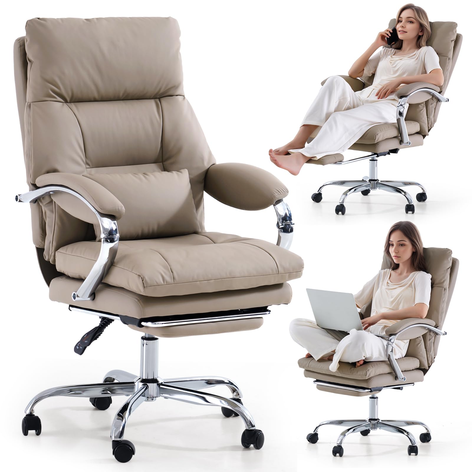 LEAGOO Home Office Desk Chairs with Foot Rest, Fully Reclining Ergonomic Executive Office Chair with Armrests, High Back PU Leather Comfy Swivel Computer Chair with Wheels and Lumbar Support, Khaki
