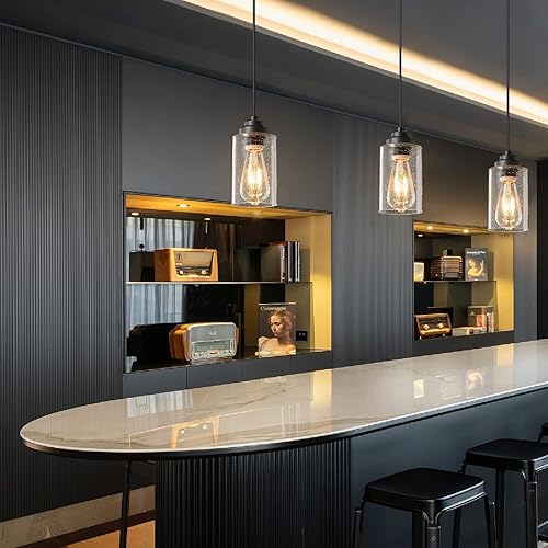 Miniatura 6 de Modernas lámparas colgantes industriales, lámpara de techo de vidrio sembrado, iluminación de granja negra para cocina, isla, pasillo, dormitorio,