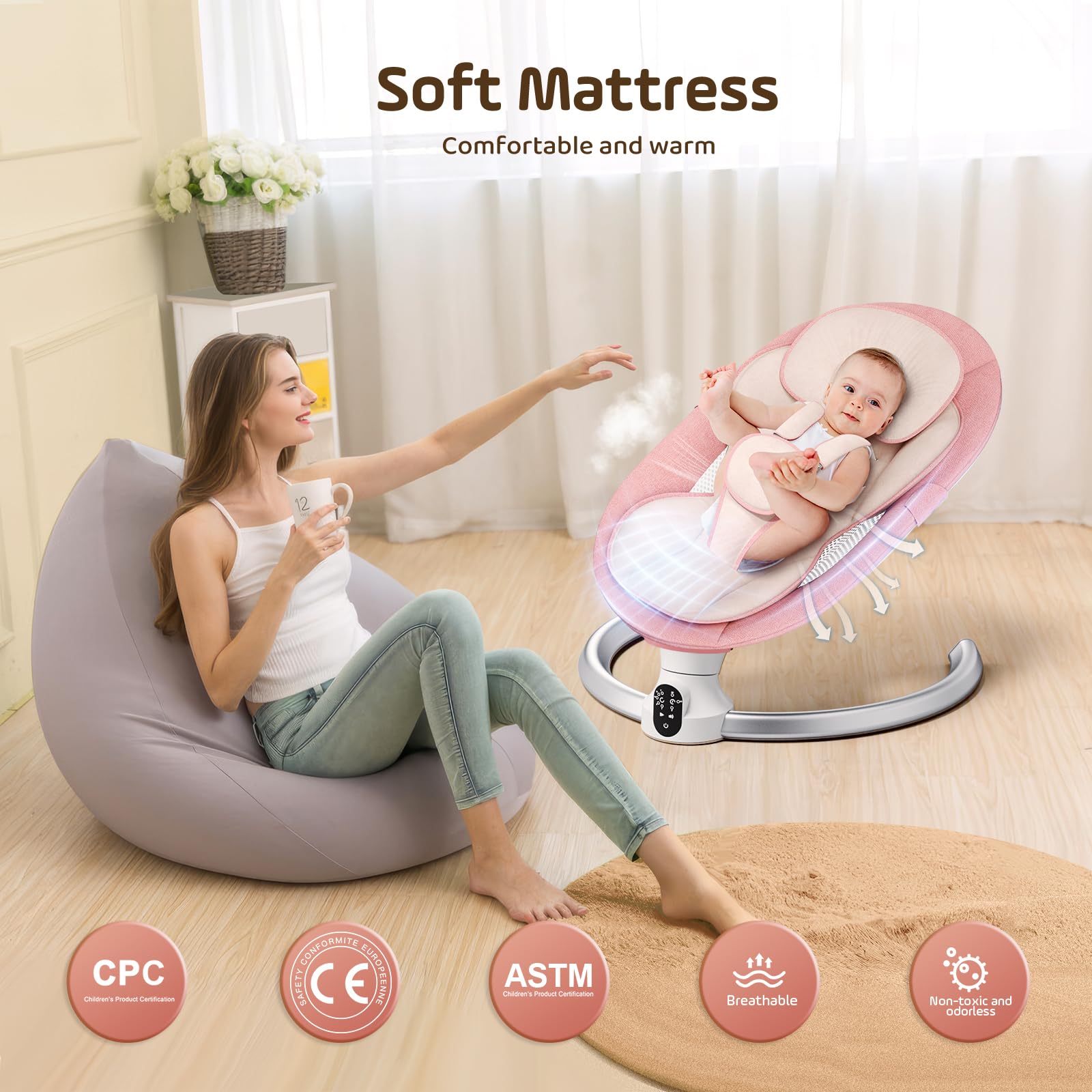 Sdraietta Neonati Elettrica 0-9 kg, Dondolo Neonati Elettrico con Telecomando e Bluetooth, Sdraietta con 5 Ampiezza di Dondolio e Cintura di Sicurezza a 5 Punti,Rete per Insetti (Rosa)