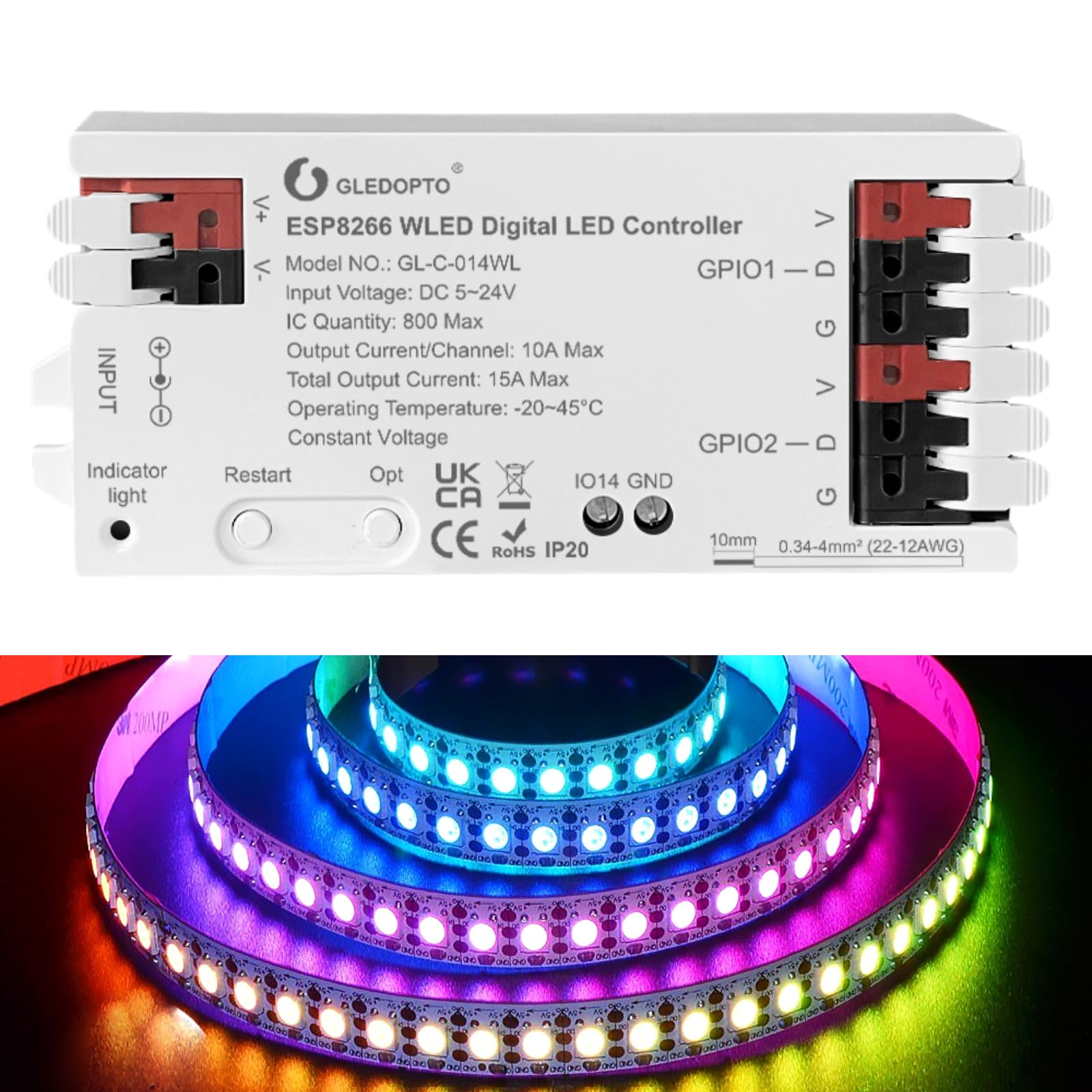 GLEDOPTO ESP8266 WLED Digitaler LED Controller DIY Beleuchtungs App Steuerung für WS2811, WS2812, WS2812B, FL19038, SK6812, SM16703P, WS2815, TM1814 adressierbare FCOB Lichtleisten