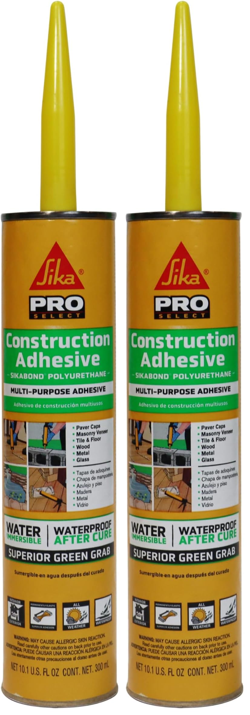 SikaBond Construction Adhesive - Advanced Polyurethane Caulk - Gray - for Outdoor Surface use - Water immersible and Waterproof - 10.1ml (Pack of 2)