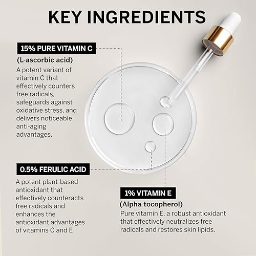 Miniatura 2 de Suero facial de vitamina C con ácido ferúlico, suero facial ferúlico CE con ácido L-ascórbico puro al 15%, vitamina E y ácido hialurónico, 1 onza