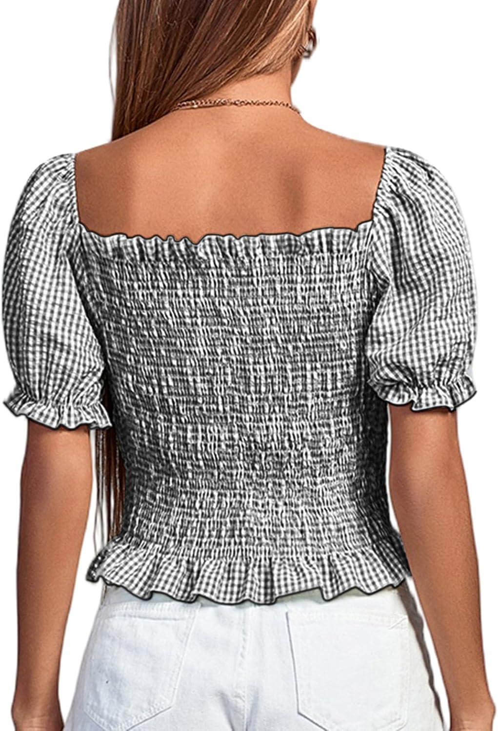 LYANER Women's Ruffle Peplum Smock Gingham Crop Top Square Neck Puff Short Sleeve Blouse Shirt - Image 2