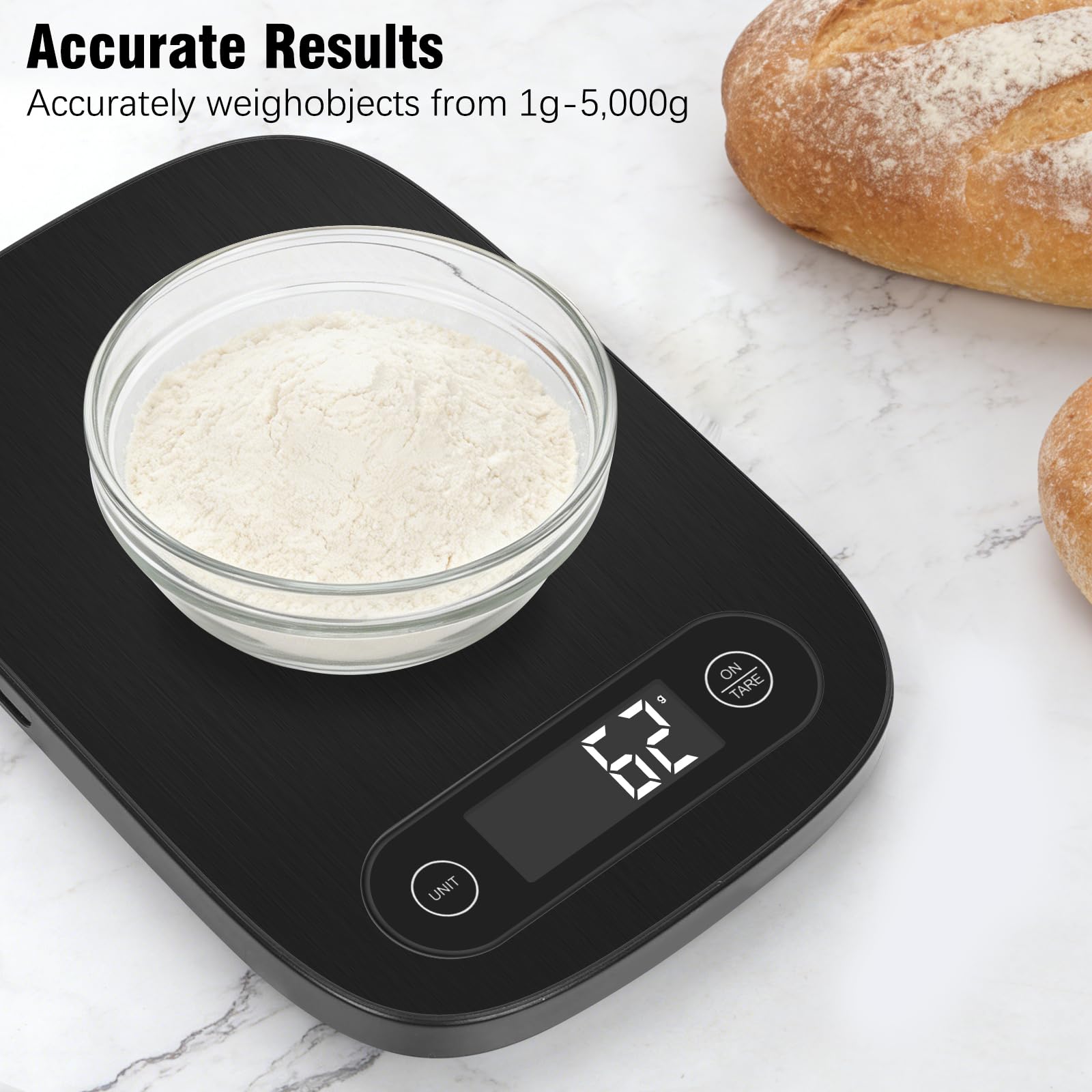 Báscula digital de cocina con pantalla LCD de 5 unidades y función de tara, diseño compacto para hornear, cocinar saludable, preparación de comidas, 11 libras de acero inoxidable (negro)