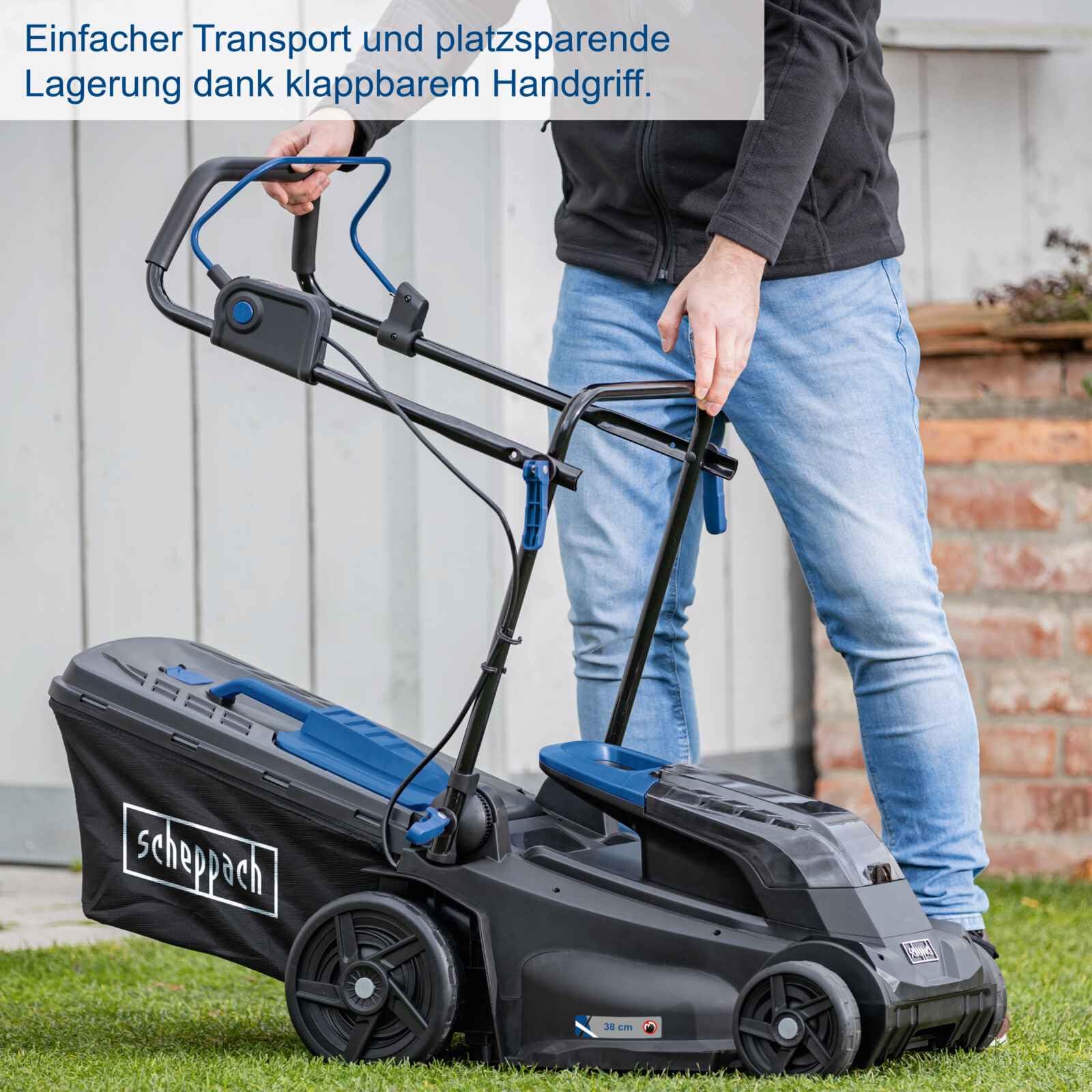 Scheppach BC-MP380-X - Cortacésped inalámbrico con batería y cargador, ancho de corte de 38 cm, jardines de 500 m², bolsa de césped de 45 L, incluye 2 baterías de 20 V y 4 Ah + cargador de 2,4 Ah