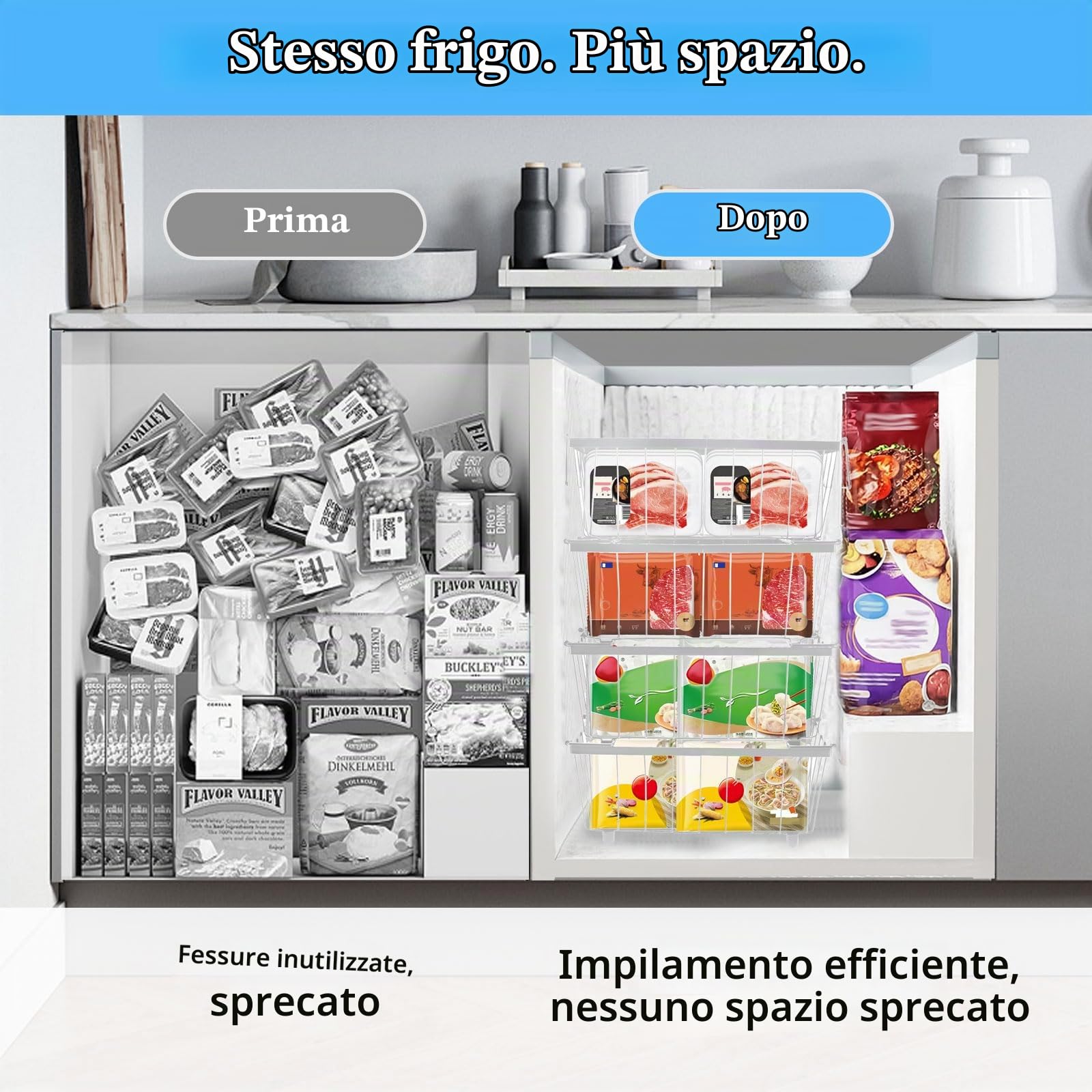 4 Pezzi Cestini per Congelatore a Pozzetto, 37.2x18x14cm Cestelli per Congelatore Impilabile con Manici Piegato e Fondo Antiscivolo, Cesto per Congelatore in Filo Metallo Cesto per Freezer 141-198L