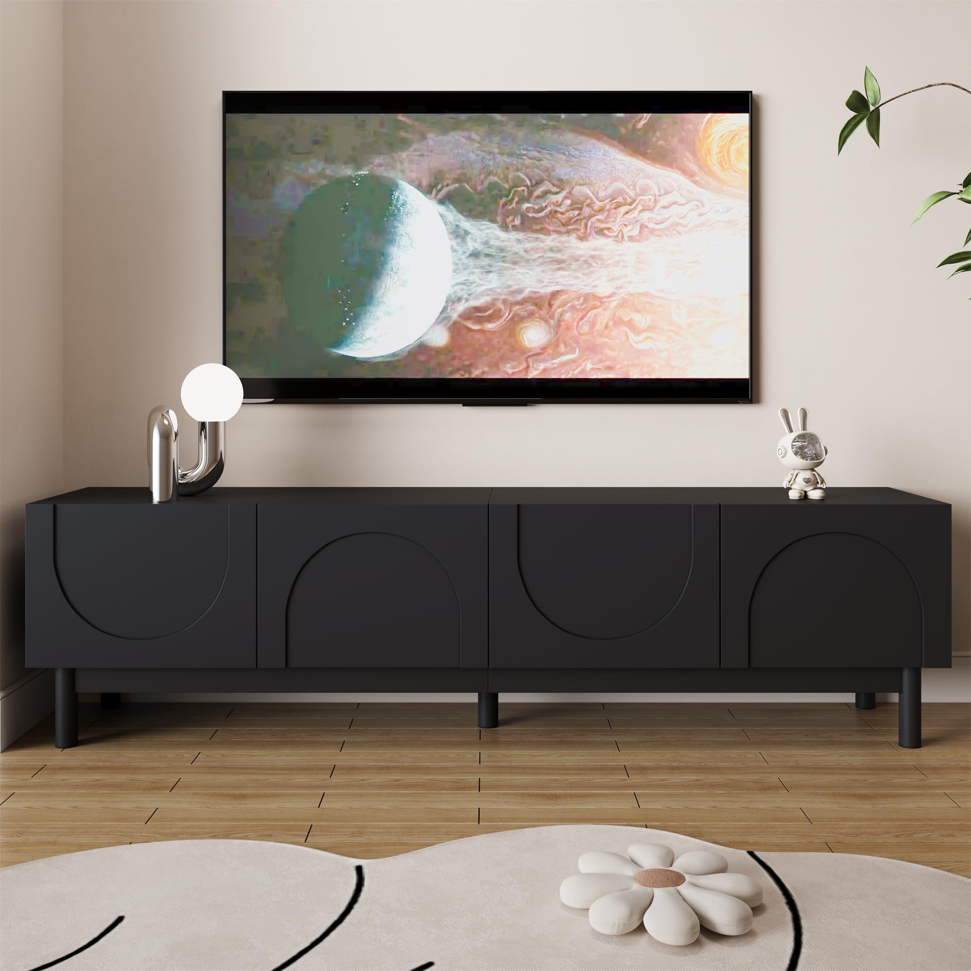 ModernLuxe TV Units for Living Room, Elegant TV Cabinet with 4 Curved Wave-Shaped Doors and Adjustable Shelves, Handleless Modern Design with Stable Solid Legs, Black, 169x34x45.5cm