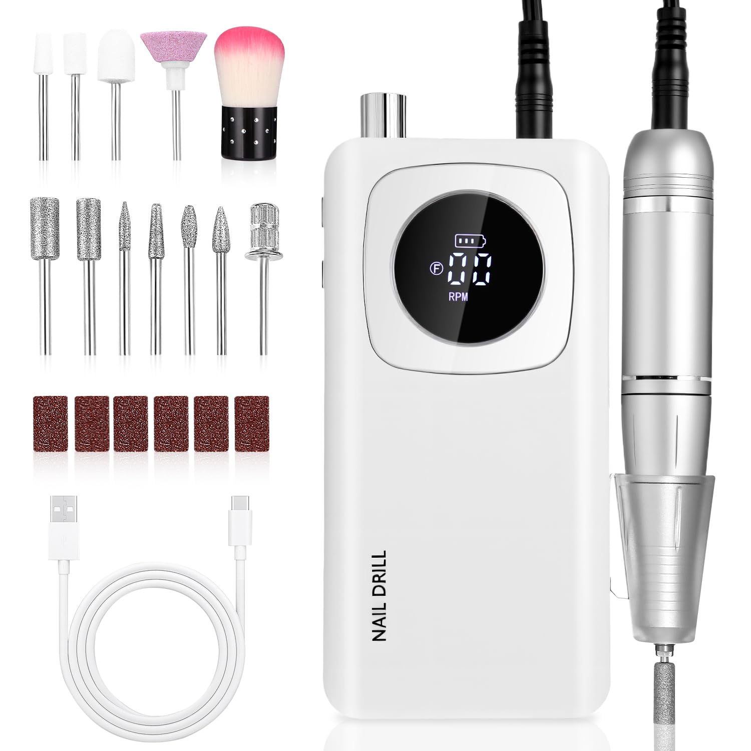 Ponceuse Pour Ongles Professionnelle, 45000RPM Lime A Ongle Electrique, Ponceuse Ongles Portable avec Écran LCD, Ensemble d’accessoires Kit avec Manucure Pédicure, pour Salon, Usage Maison
