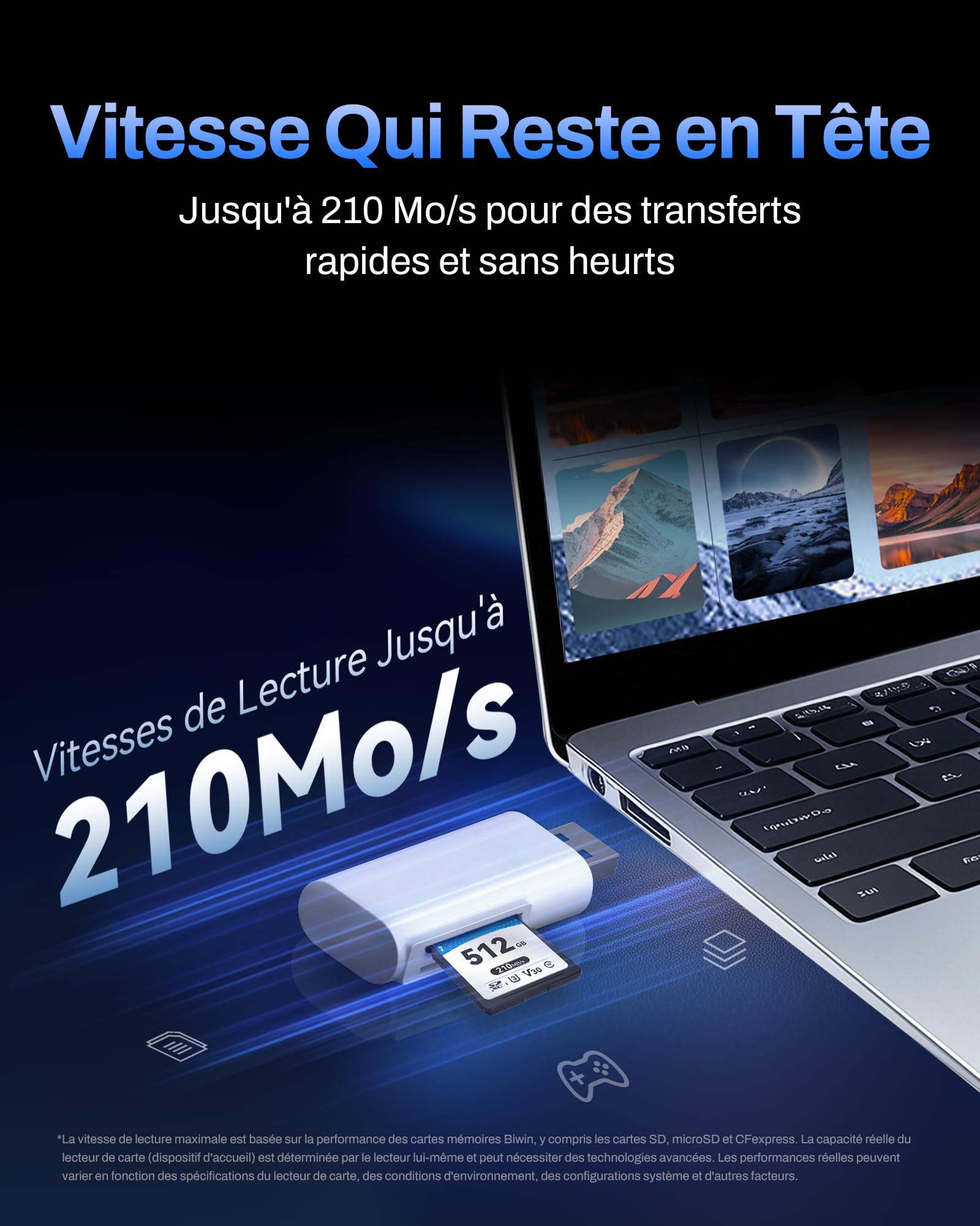 Carte SD Biwin SD210, 512 Go, SDXC V30 UHS-I, Classe 10, jusqu'à 210 Mo/s en Lecture. Robuste, Compatible 4K UHD. Idéale pour créateurs.