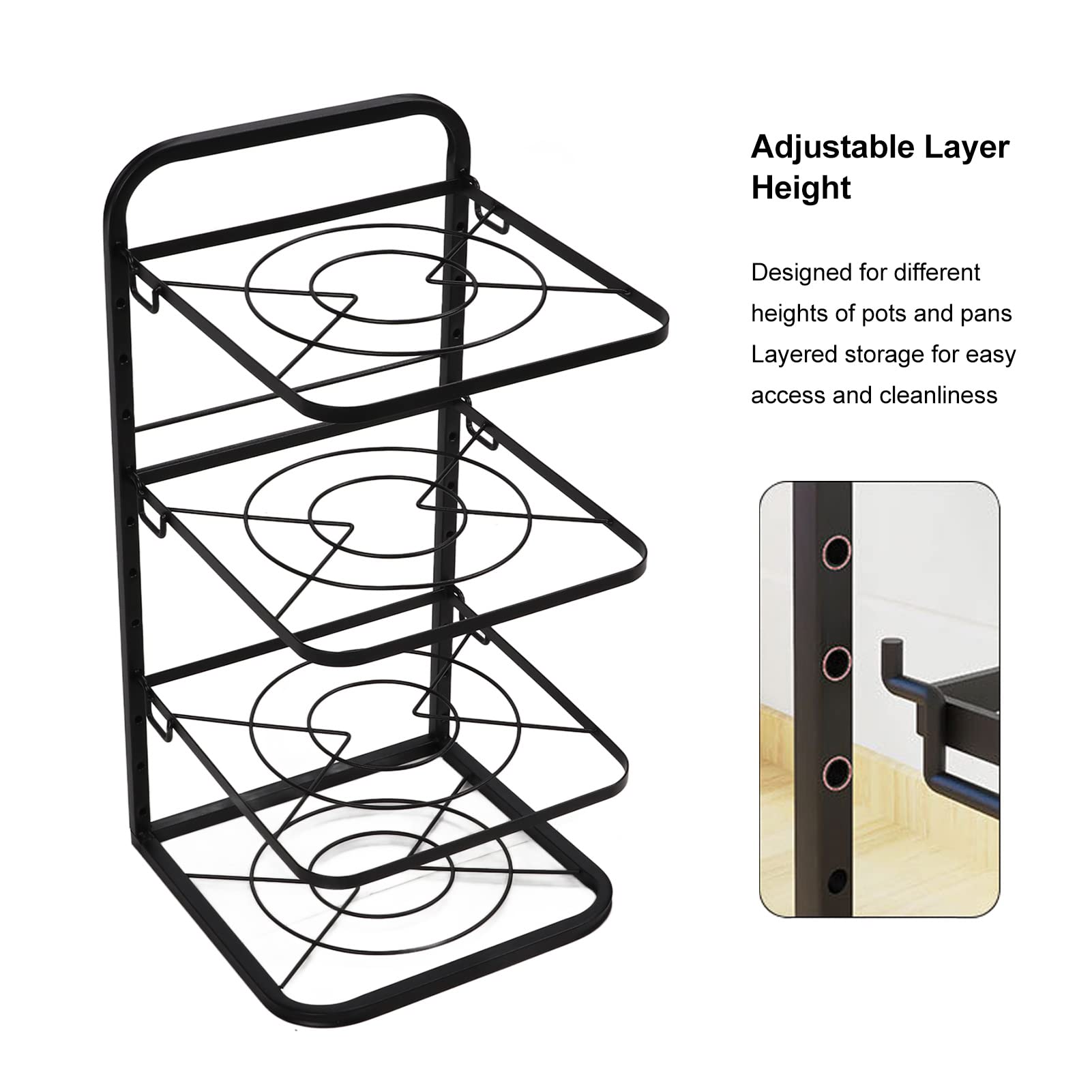 Mrisata 4 Tier Pan Rack Carbon Steel Pan Pot Organiser Rack Multi-Functional Saucepan Stand Pan Lid Holder Racks Kitchen Storage Rack Home Kitchen Round Pan Pot Storage Shelf for Home Kit - Image 4