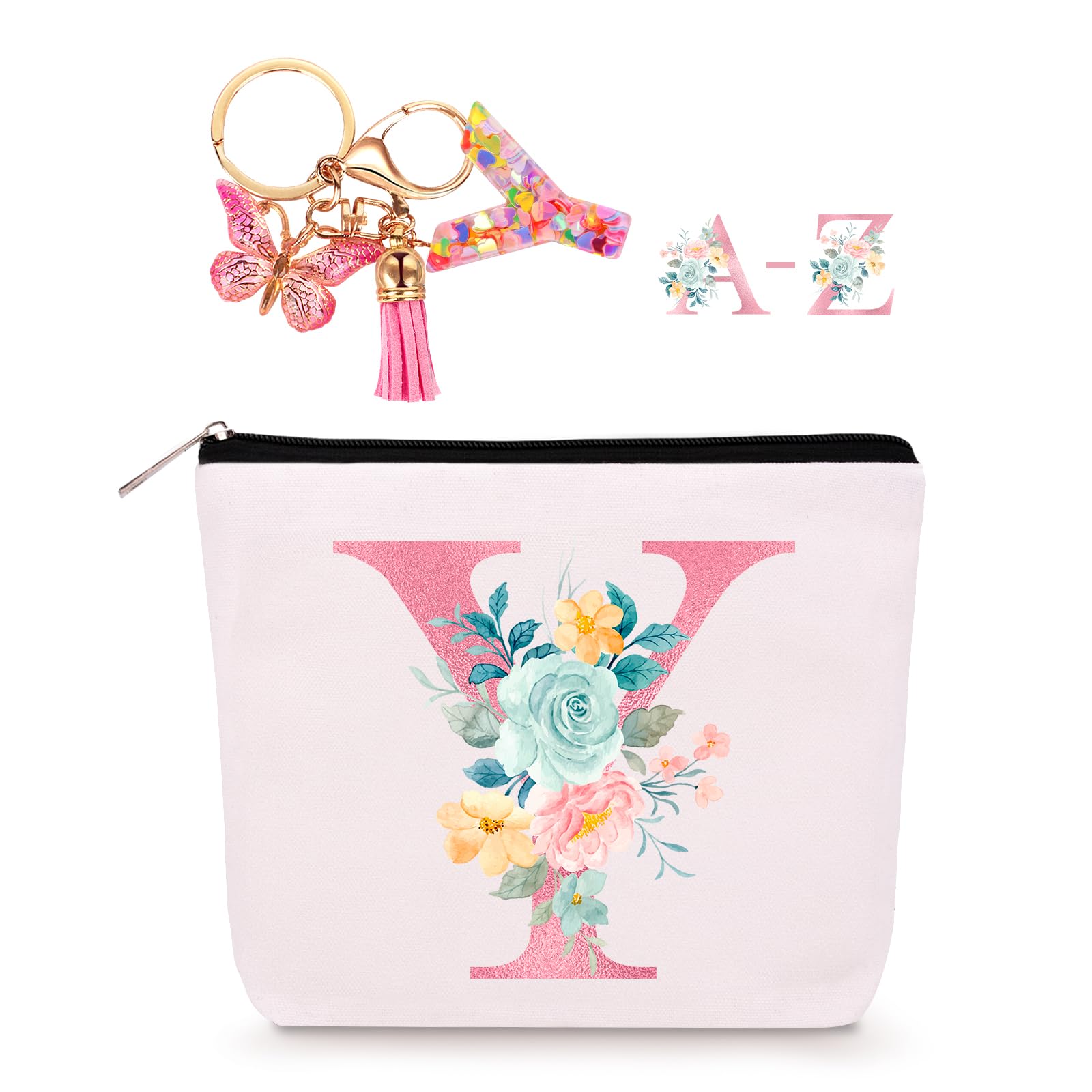 Lingdeer Personalized Makeup Bag with Initial Keychain, Custom Initial Monogram Small Travel Cosmetic Toiletry Bag, Birthday Gifts for Women