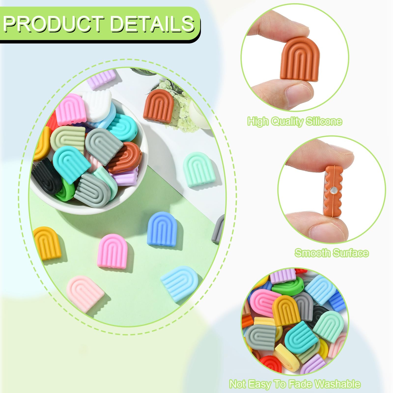 Stiesy 40 Pcs 20 Colours Arch Rainbow Silicone Focal Beads for Keychain Making Random Mixed Colour Flat Rainbow Shape Spacer Beads Silicone Beads for Jewellry Making Bracelet Necklace Handmade Crafts - Image 3