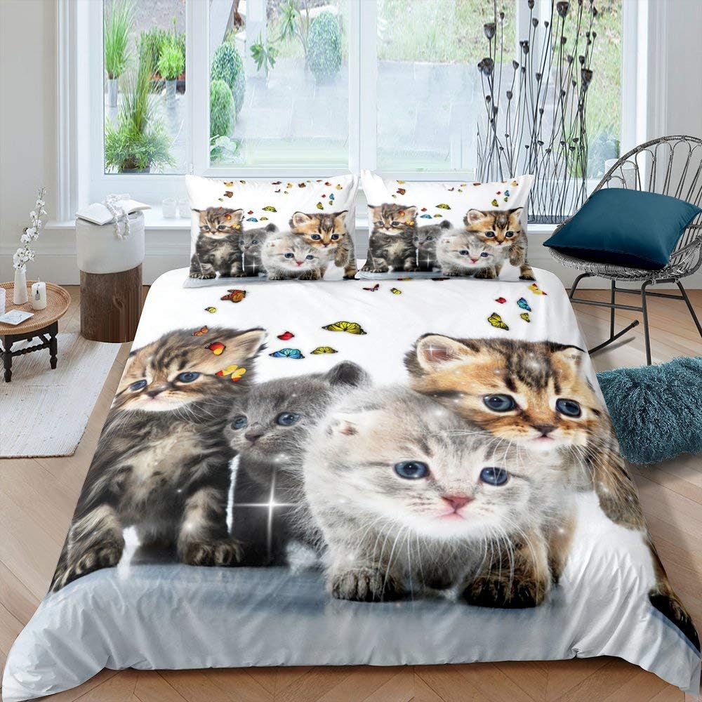 Erosebridal Cute Cat Bedding Comforter Set Twin Size, Colorful Butterfly Decor Duvet Cover for KidsTeens Boys Girls, Animal Pet Theme Quilt Cover, Fashion Decor Bed Set with 1 Pillowcase