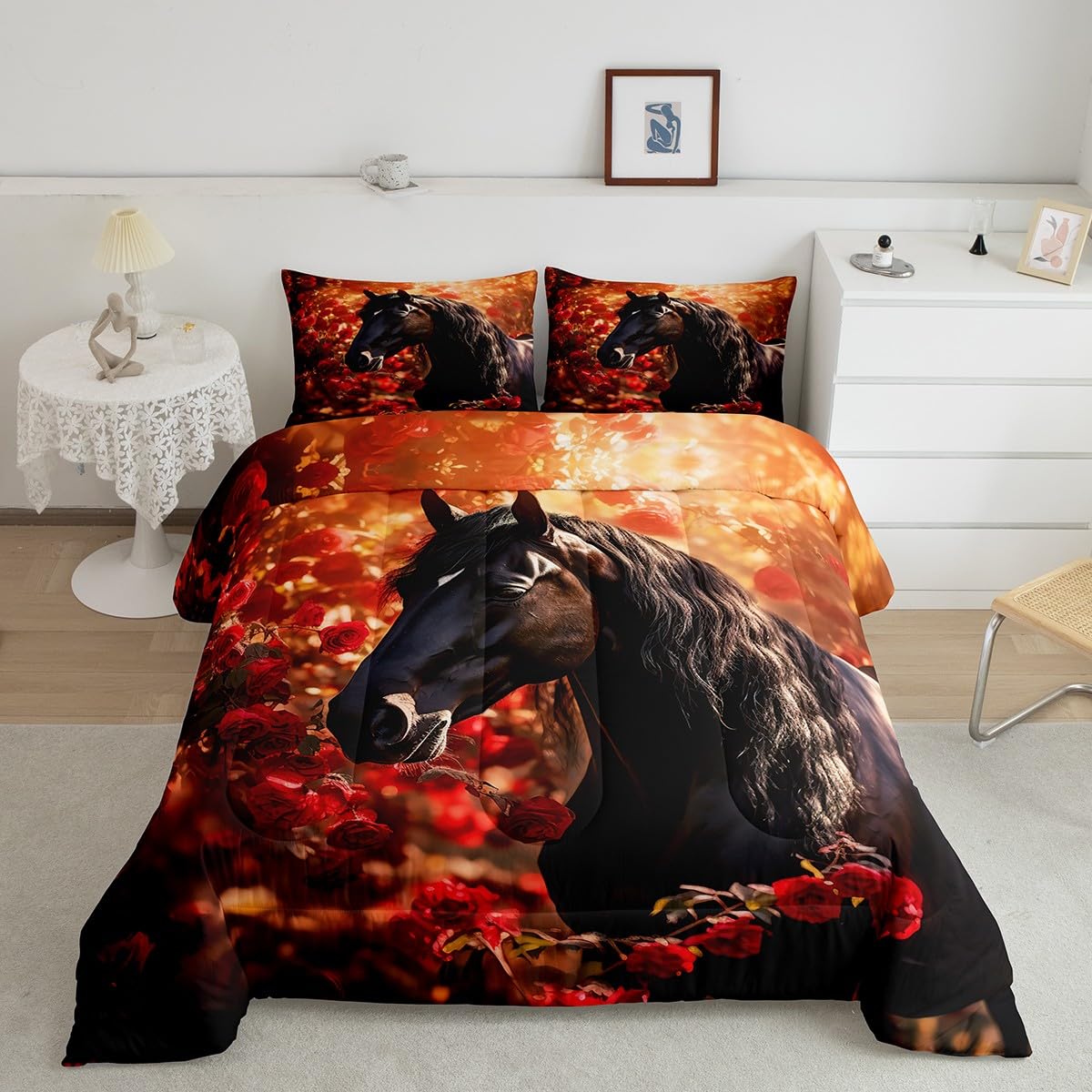 Feelyou Juego de edredón de caballo para niños y niñas, tamaño individual, edredón de caballo galopante, juego de ropa de cama floral de rosas para niños y adolescentes, juego de edredón para