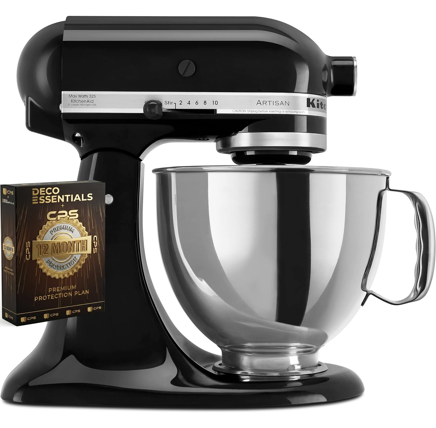 KitchenAid Artisan Series 5 Quart Tilt Head Stand Mixer with Pouring Shield KSM150PS, Onyx Black Bundle with Deco Essentials Exclusive CPS 1 Year Extended Protection Pack