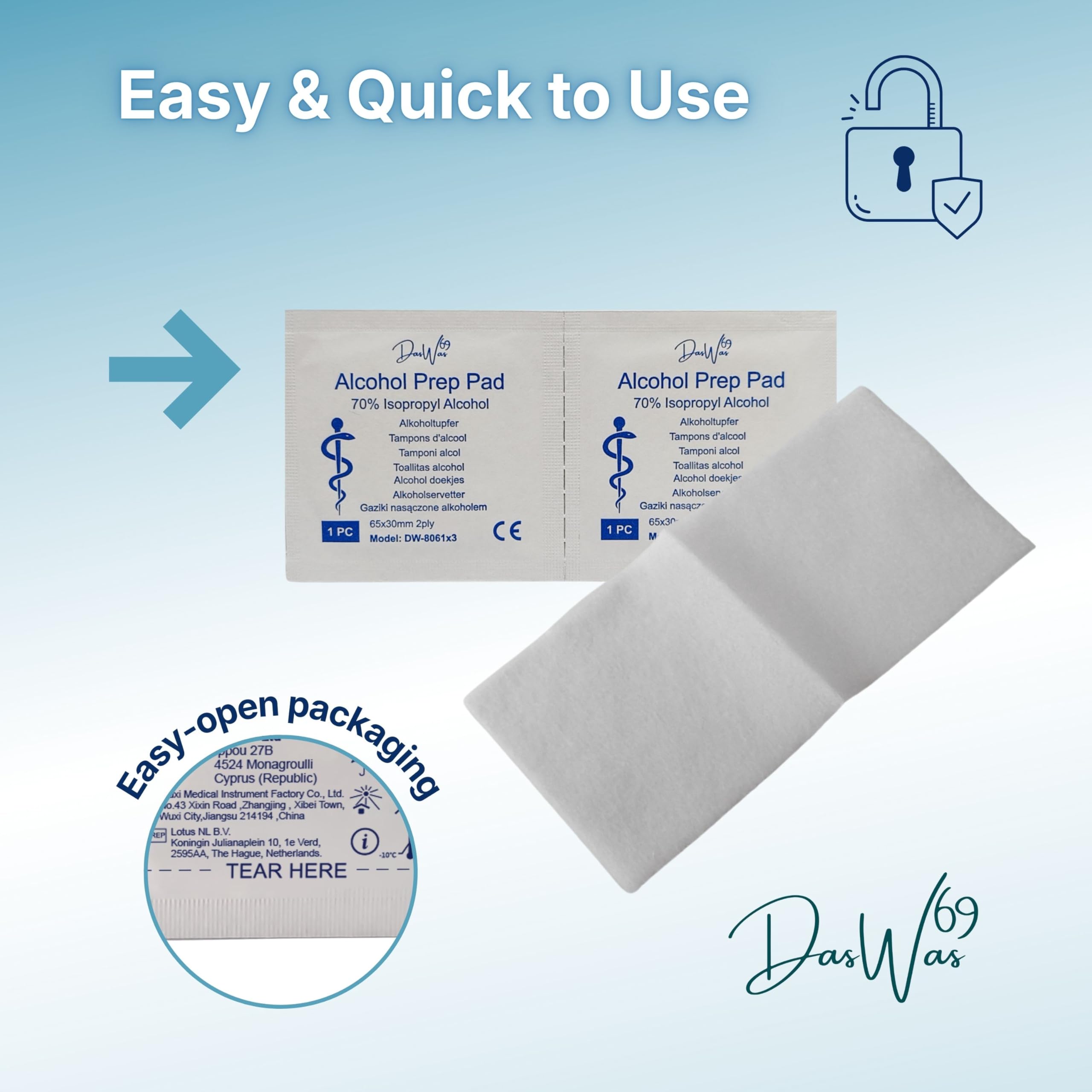 DasWas 3 x 100 Tamponi Alcool – Salviette Disinfettanti con 70% Isopropilico – Tamponi per Disinfezione Cutanea Singoli (65×30 mm) – 300 Alcohol Pads Uso Medico & Cura Quotidiana