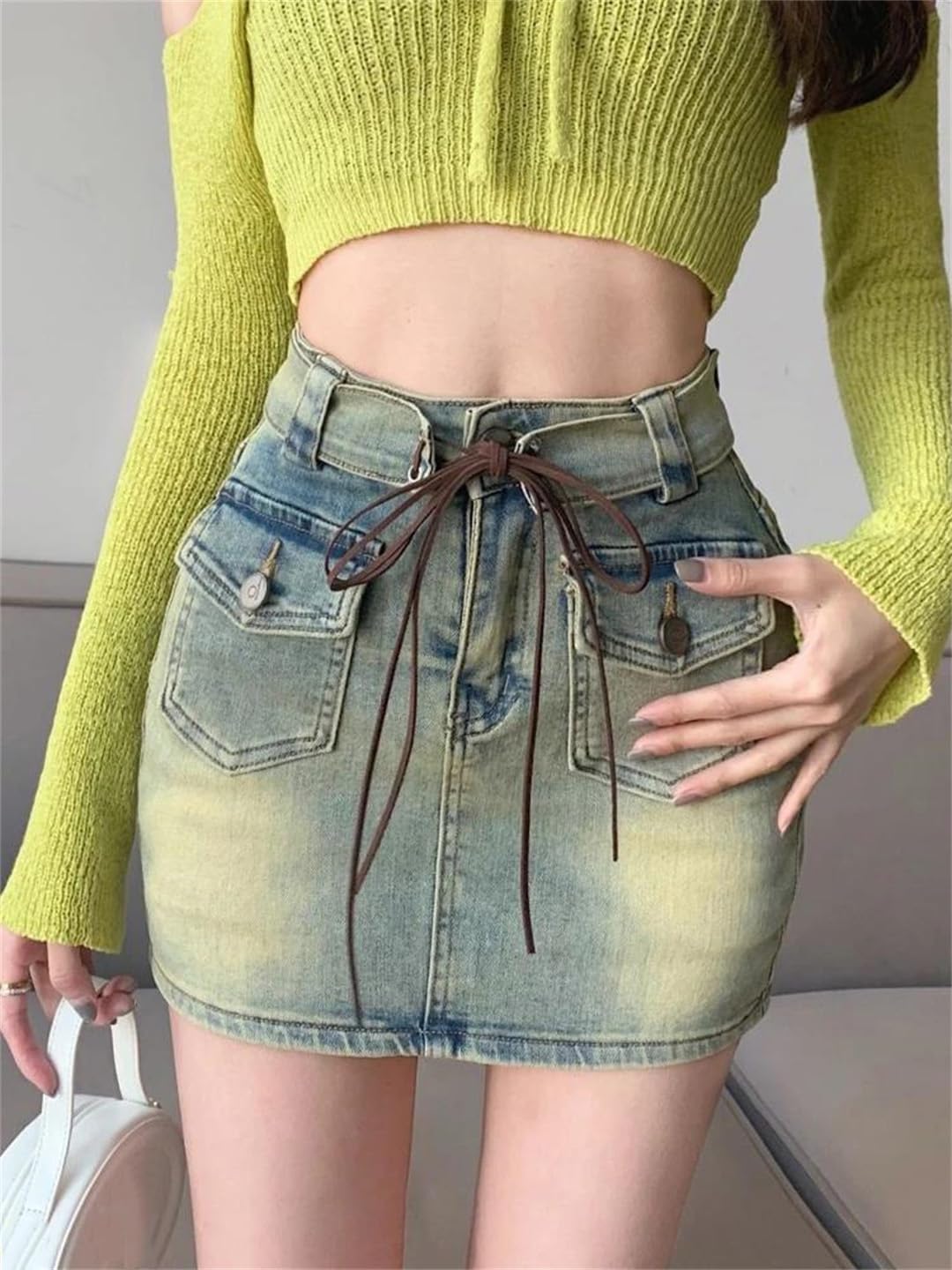 Minigonna vintage a vita alta da donna a trapezio in jeans