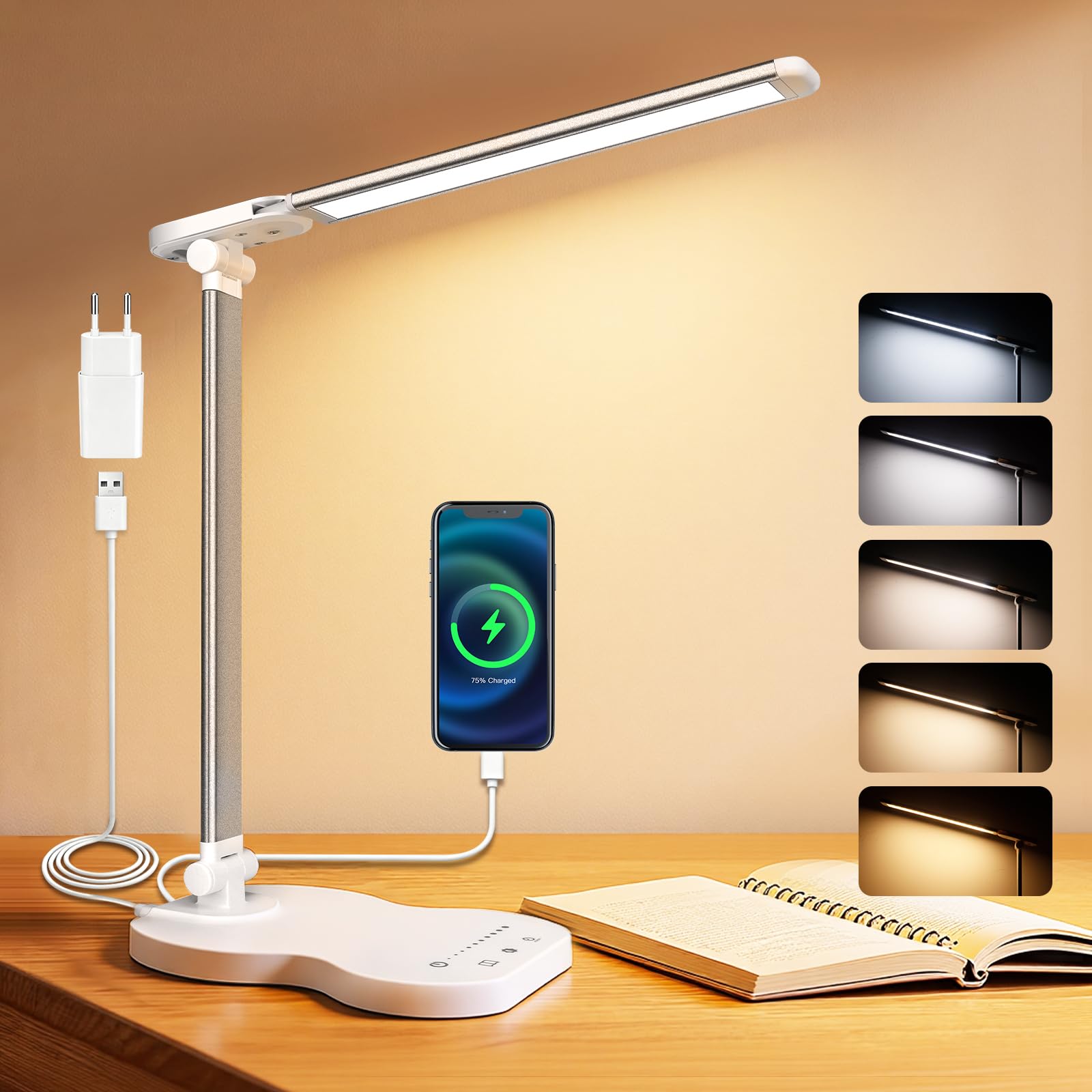 Lampe de Bureau LED, Dimmable Lampe de Chevet, 5 Modes de Couleur 10 Niveaux de Luminosité, Avec Fonction Minuterie, Contrôle Tactile, Port USB-C, Lampe de Lecture Protection des Yeux - Blanc