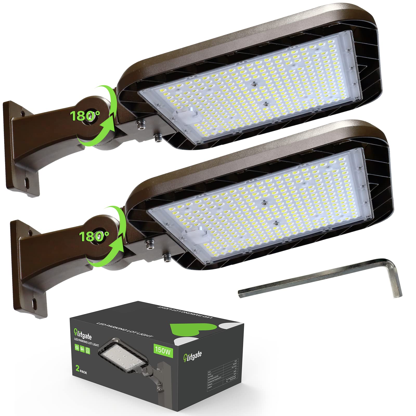 Glitgate 150W LED Parking Lot Lights 2 Pack Adjustable Arm Mount