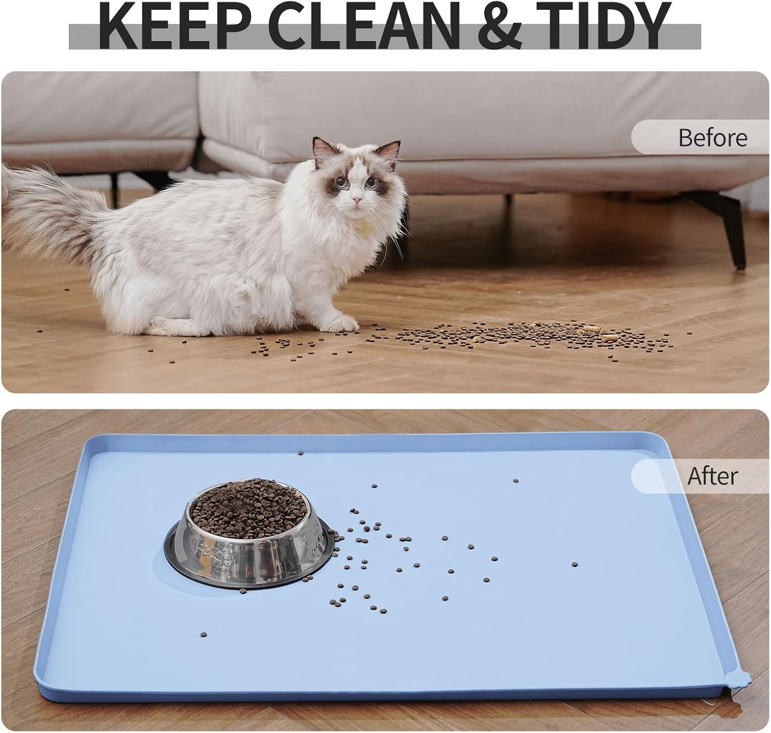 waterproof pet feeding mat with high raised edges, heavier and thicker placemats for cat dog water bowl with bpa free, dogs cats food mats for messy drinkers to prevent spill and protect floors 18.5" x 11.5" warship