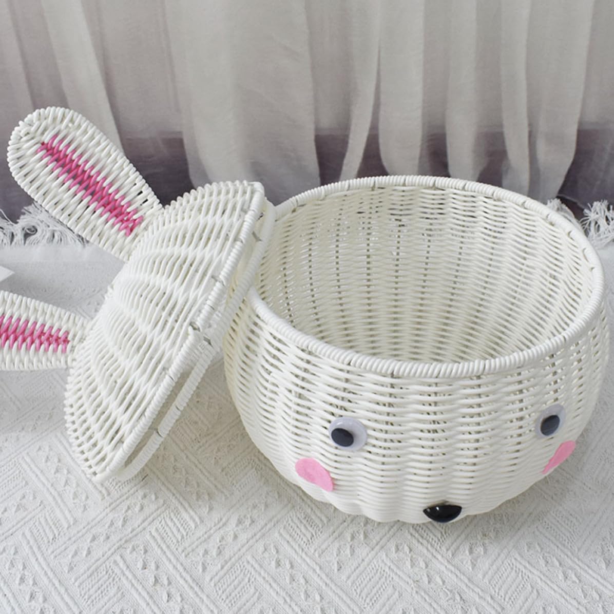 Uonlytech Cesta de Ratán para Guardar Frutas y Juguetes Forma de Conejo de Dibujos Animados Cesta de Almacenamiento Material Pp Resistente y Estable para Cocina y Hogar