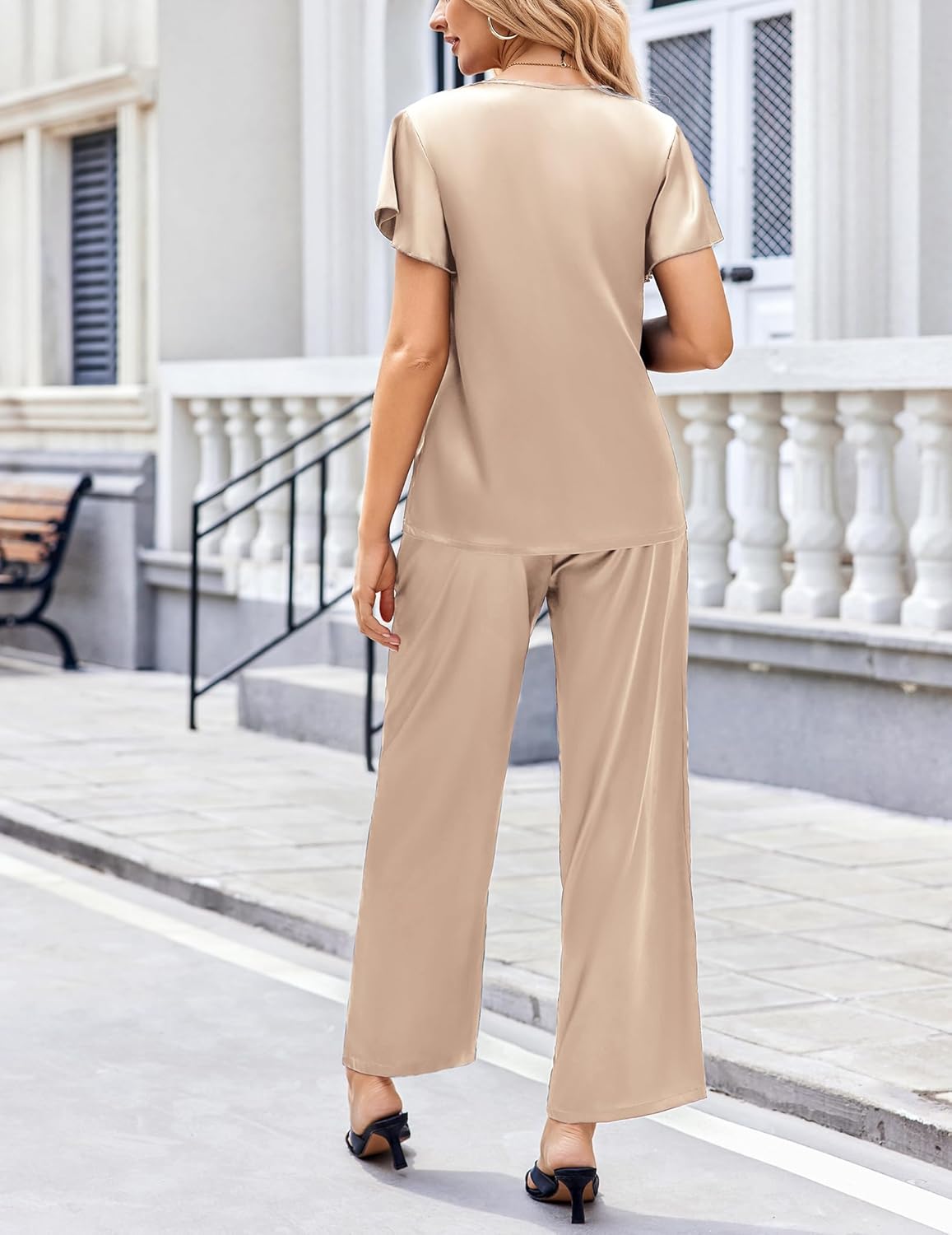 Ekouaer Women's Satin Silky Pajama Set 2 Piece Short Sleeve Shirt with Long Pants Pjs Sets Soft PJ Loungewear S-XXL - Image 5