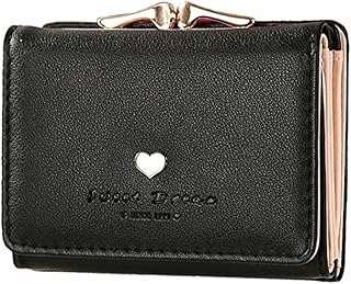 [Kingsie] レディースミニ財布 がま口 三つ折り短財布 ウォレット コンパクト 可愛い ハート カードいれ 小銭入れ プレゼント (ブラック)