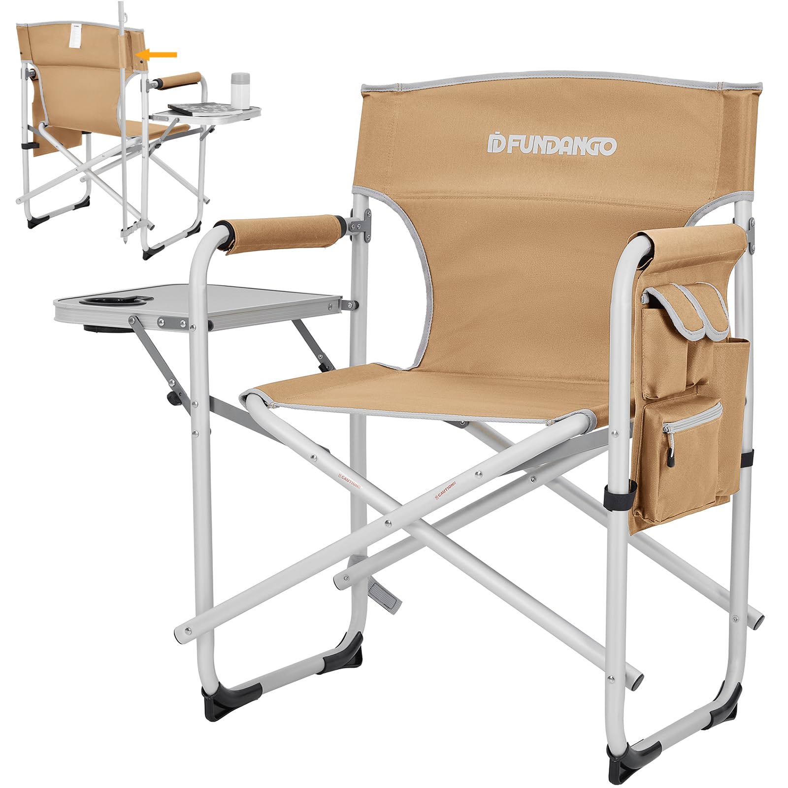 FUNDANGO Camping Chair with Side Table,Camping Director Chair with Armrest,Lawn Chair for Camping Fishing Picnic (Khaki)