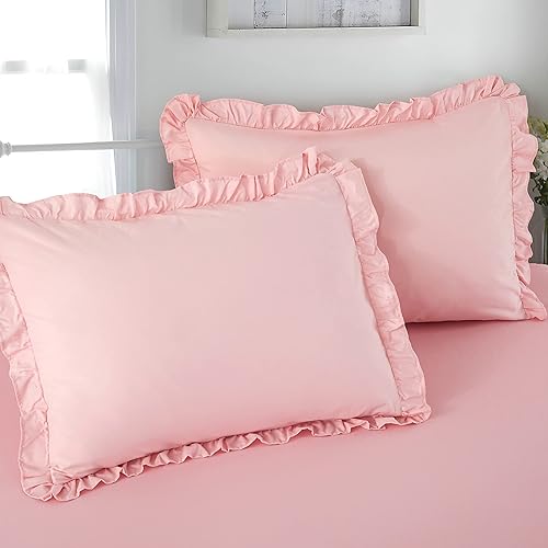 Miniatura 3 de Funda de edredón rosa de 5 piezas, tamaño King, con volantes, de microfibra ultra suave, estilo rústico y elegante, con cierre de cremallera, 1