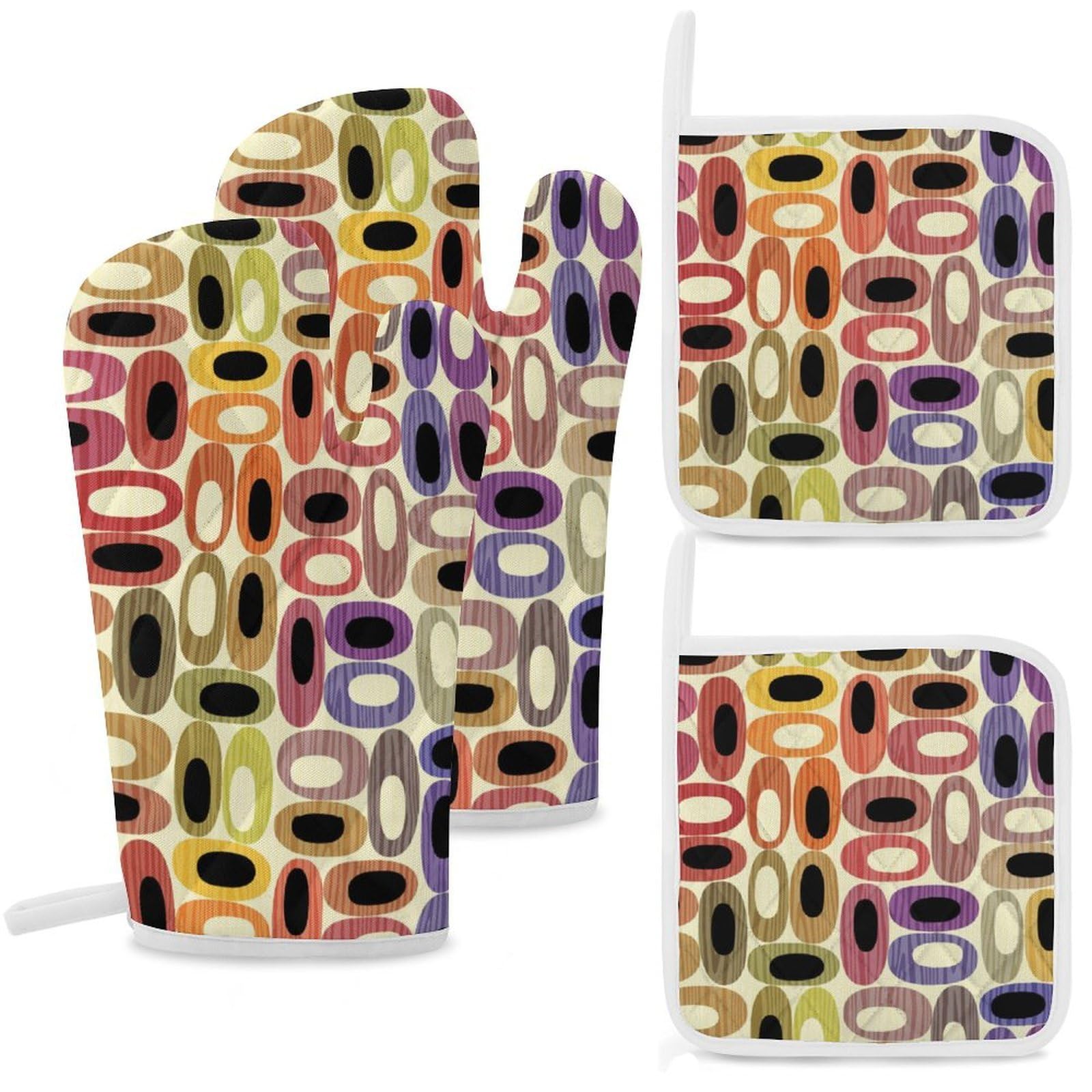 Colorful Retro Mid Century Modern Atomic Pattern Oven Mitts and Potholders BBQ Gloves Cooking Gloves for Cooking Baking Grilling
