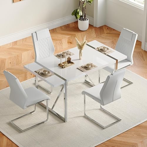 Vista 31 de Juego de mesa de comedor gopop para 6, juego de mesa y sillas de cocina de 6, mesa de 140 cm x 85 cm con acabado de laca blanca brillante y marco