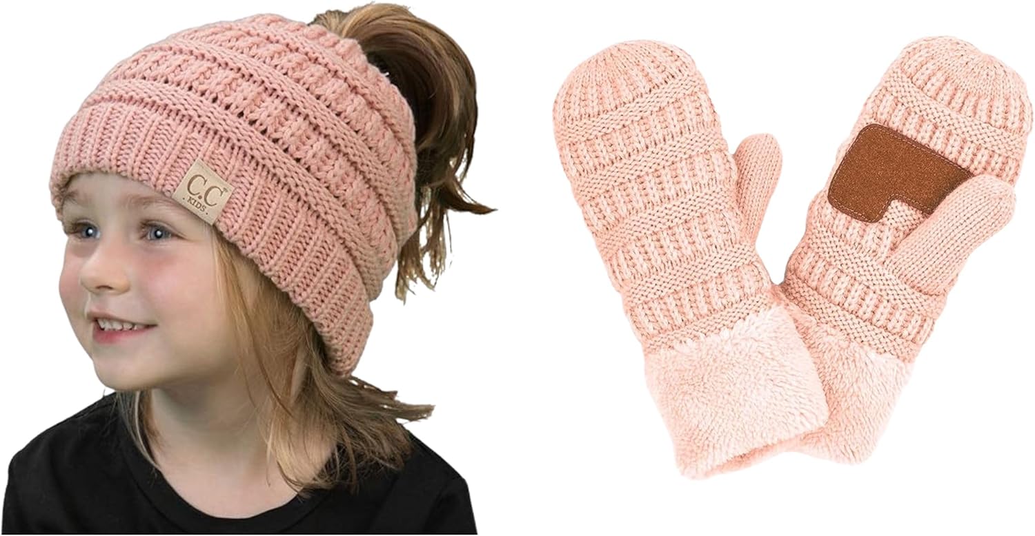 Funky Junque Matching 2 Pack Kids Messy Bun Ponytail Knit Hat & Lined Mittens - Indi Pink